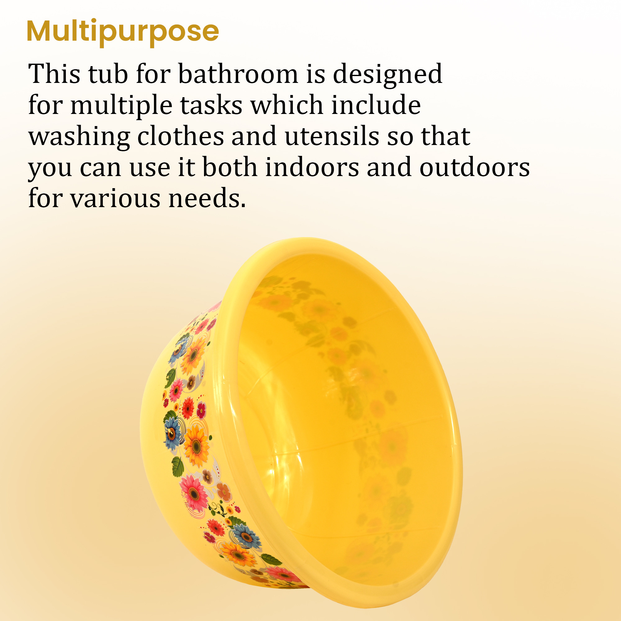 Kuber Industries 40 Liters Multipurpose Bath Tub for Bathroom  Suitable for Indoor and Outdoor Use  Durable  Lightweight Tub for Washing Clothes  Utensils  Flower Print - Yellow