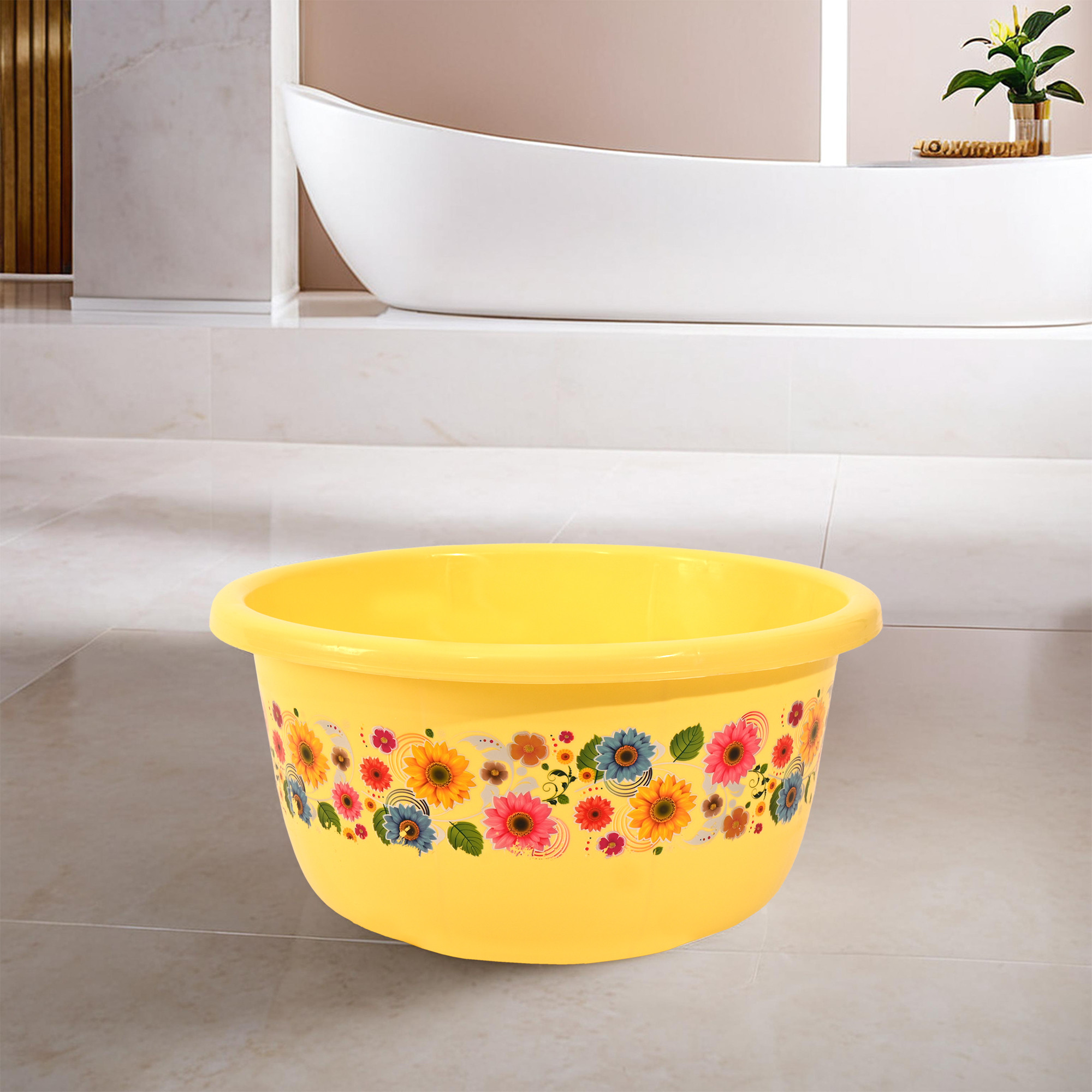 Kuber Industries 40 Liters Multipurpose Bath Tub for Bathroom  Suitable for Indoor and Outdoor Use  Durable  Lightweight Tub for Washing Clothes  Utensils  Flower Print - Yellow