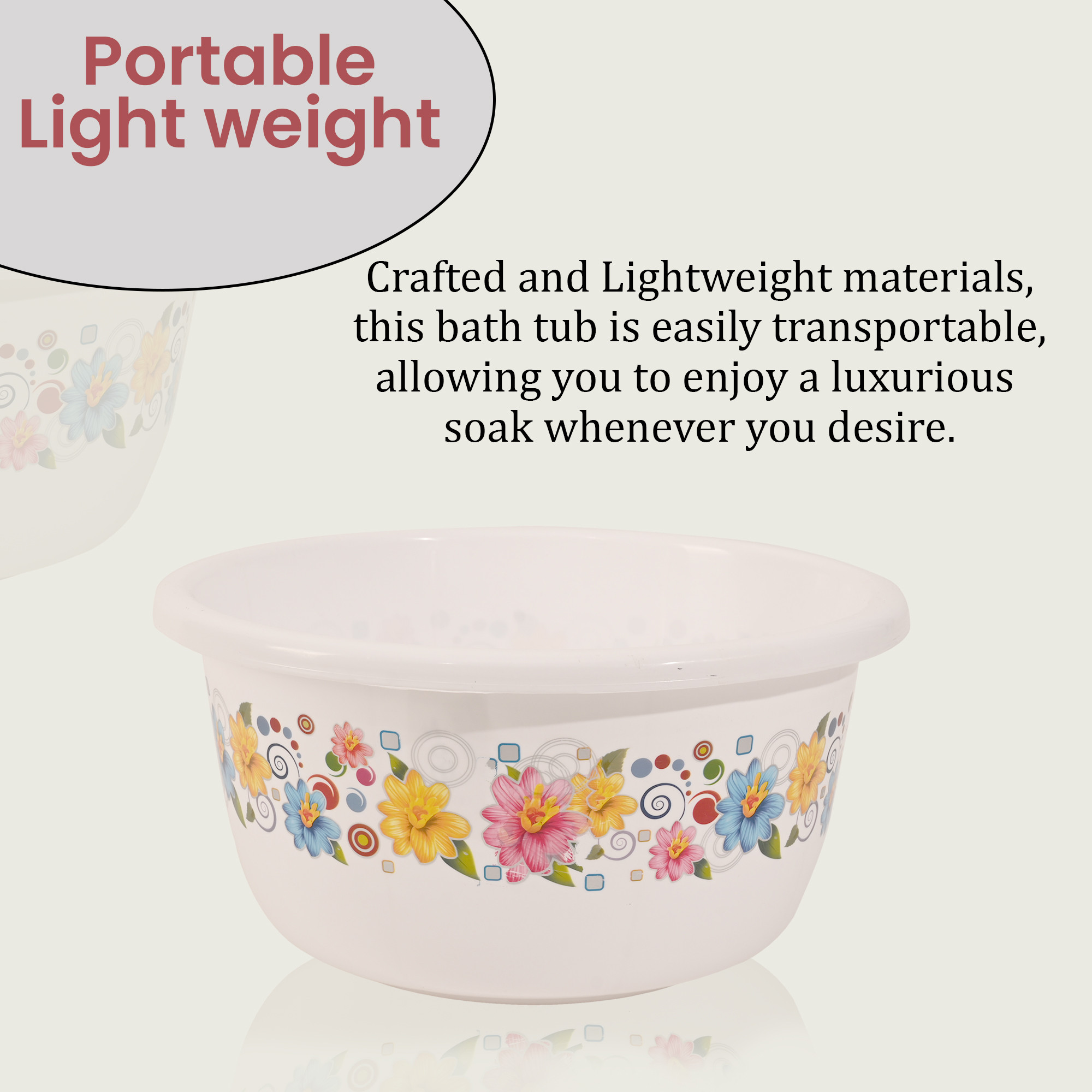 Kuber Industries 40 Liters Multipurpose Bath Tub for Bathroom  Suitable for Indoor and Outdoor Use  Durable  Lightweight Tub for Washing Clothes  Utensils  Flower Print - White
