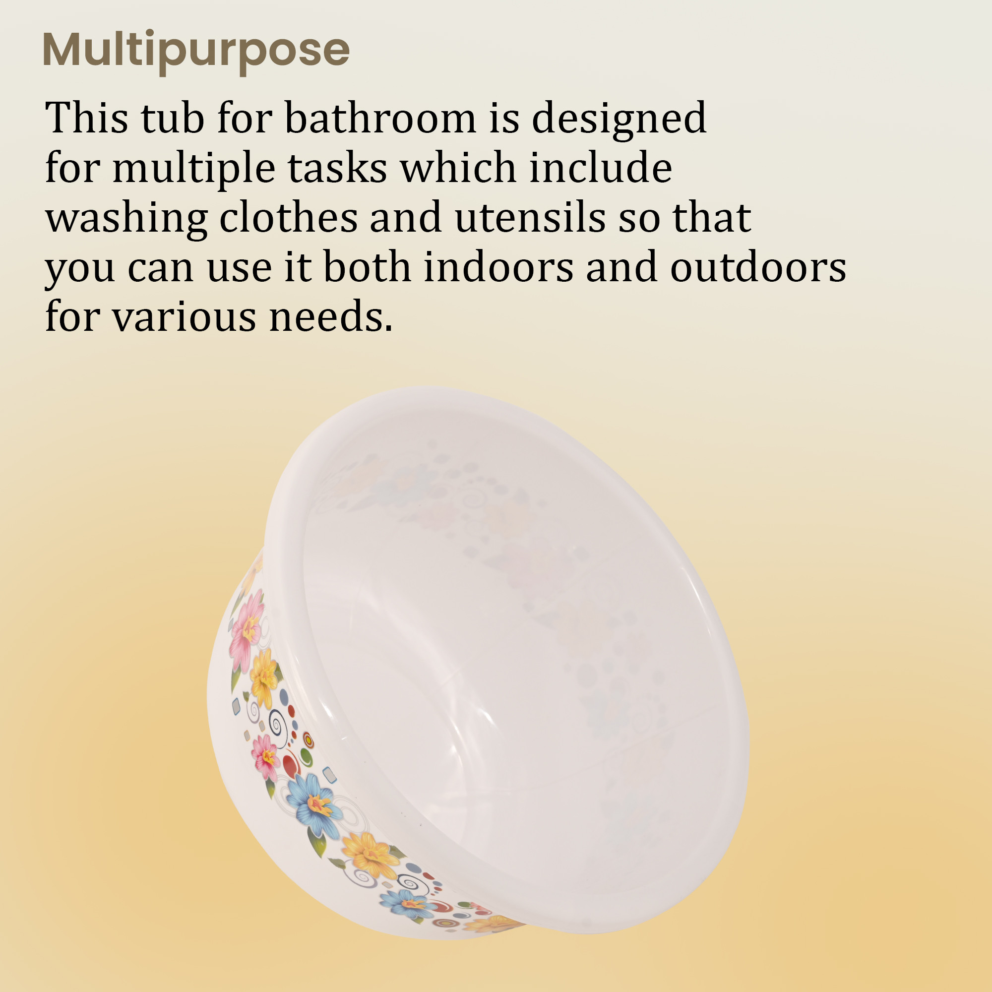 Kuber Industries 40 Liters Multipurpose Bath Tub for Bathroom  Suitable for Indoor and Outdoor Use  Durable  Lightweight Tub for Washing Clothes  Utensils  Flower Print - White