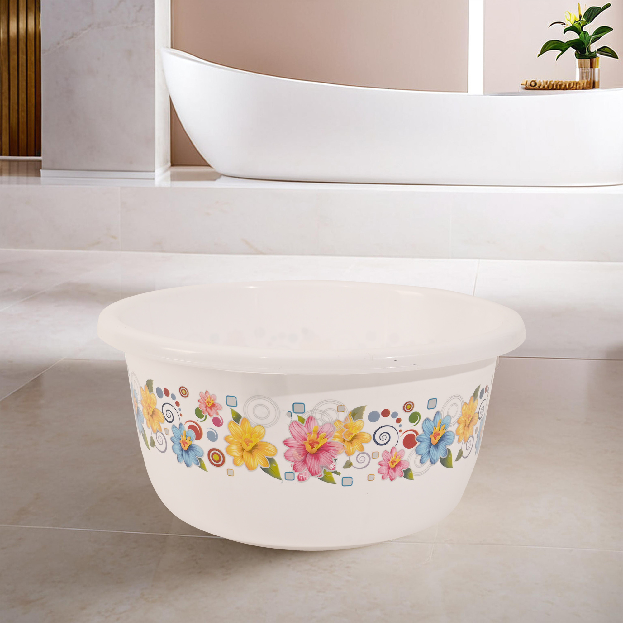 Kuber Industries 40 Liters Multipurpose Bath Tub for Bathroom  Suitable for Indoor and Outdoor Use  Durable  Lightweight Tub for Washing Clothes  Utensils  Flower Print - White