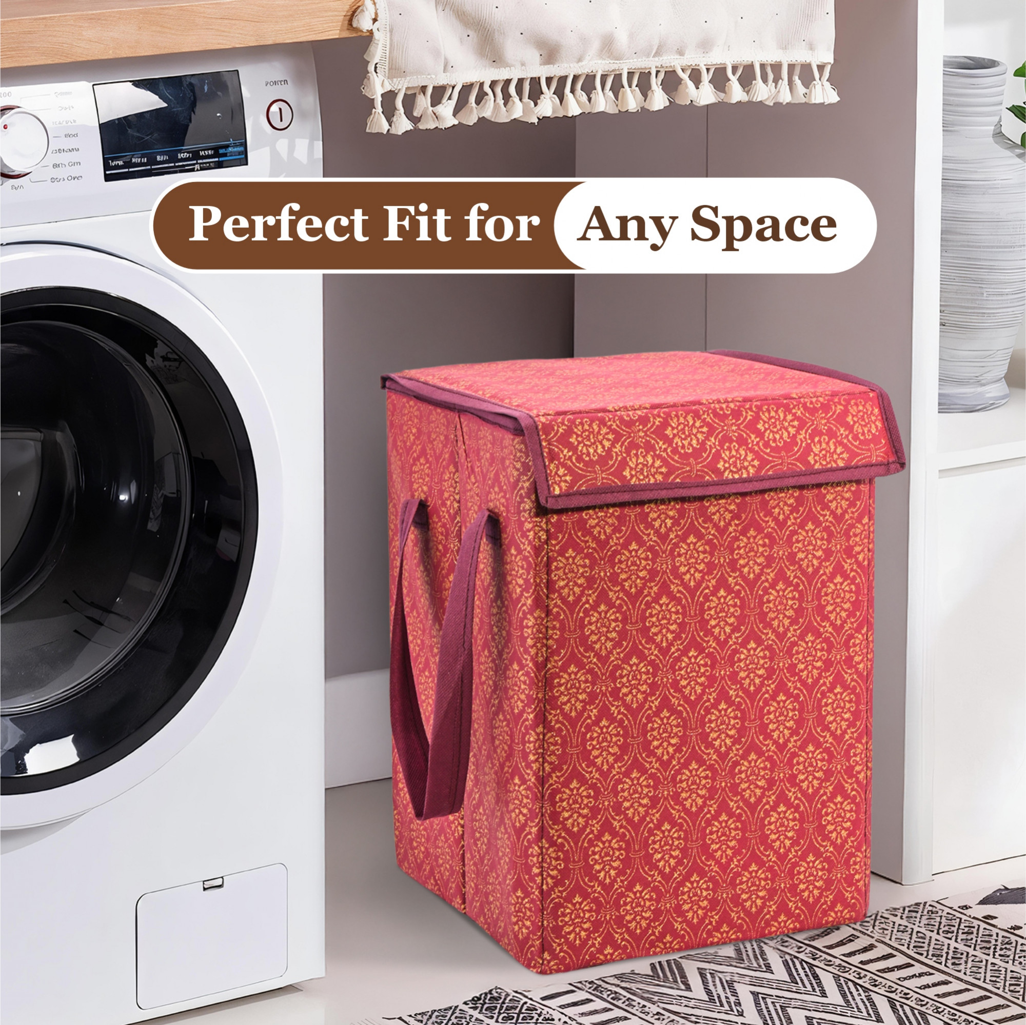 Kuber Industries 40 Ltr Foldable Clothes Storage Box and Organiser for Wardrobe with Top Flap Lid  Non Woven AlmirahCupboard Organiser for Shirts Pants Jeans and Dresses  Golden Print - Maroon