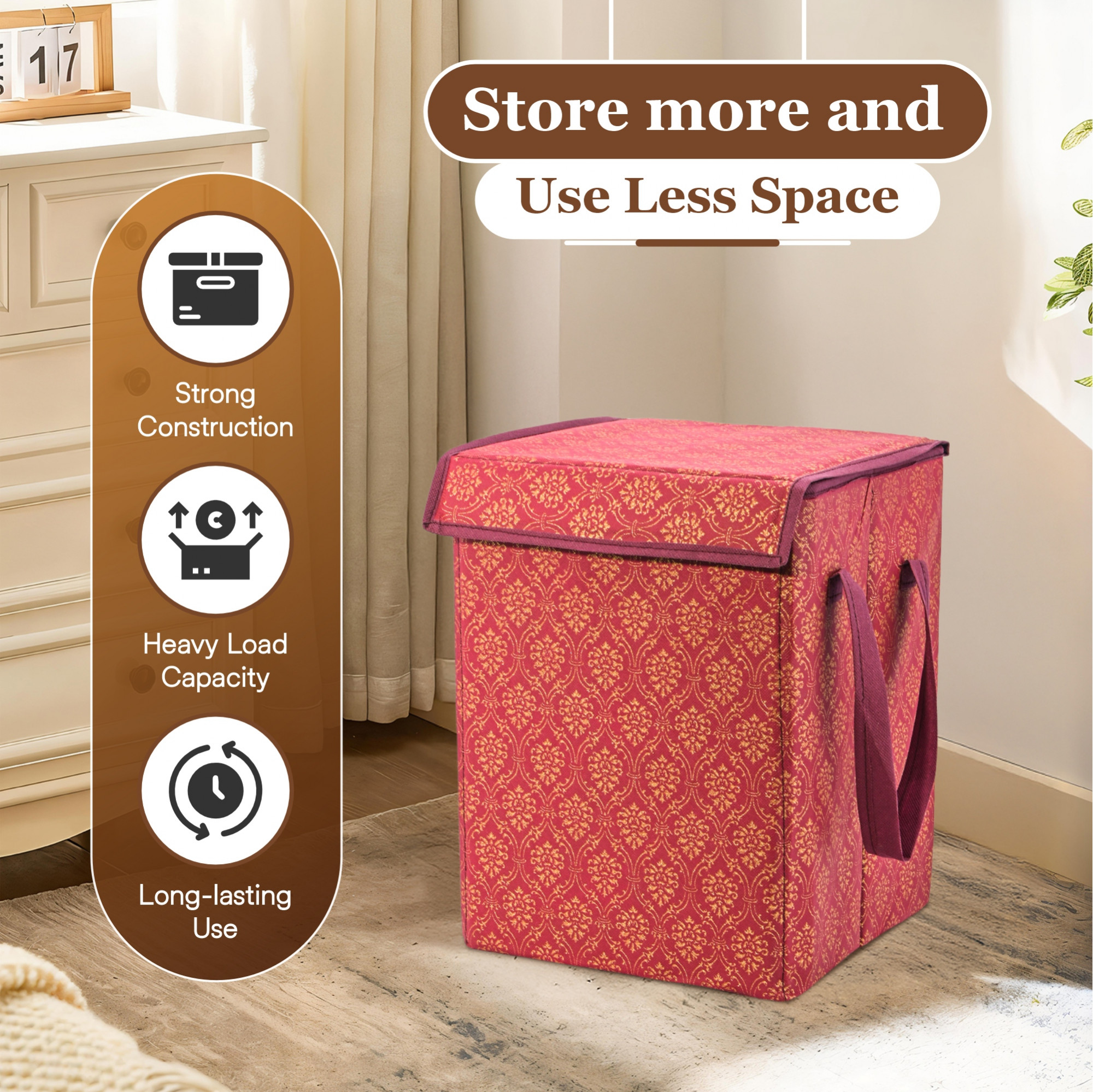 Kuber Industries 40 Ltr Foldable Clothes Storage Box and Organiser for Wardrobe with Top Flap Lid  Non Woven AlmirahCupboard Organiser for Shirts Pants Jeans and Dresses  Golden Print - Maroon