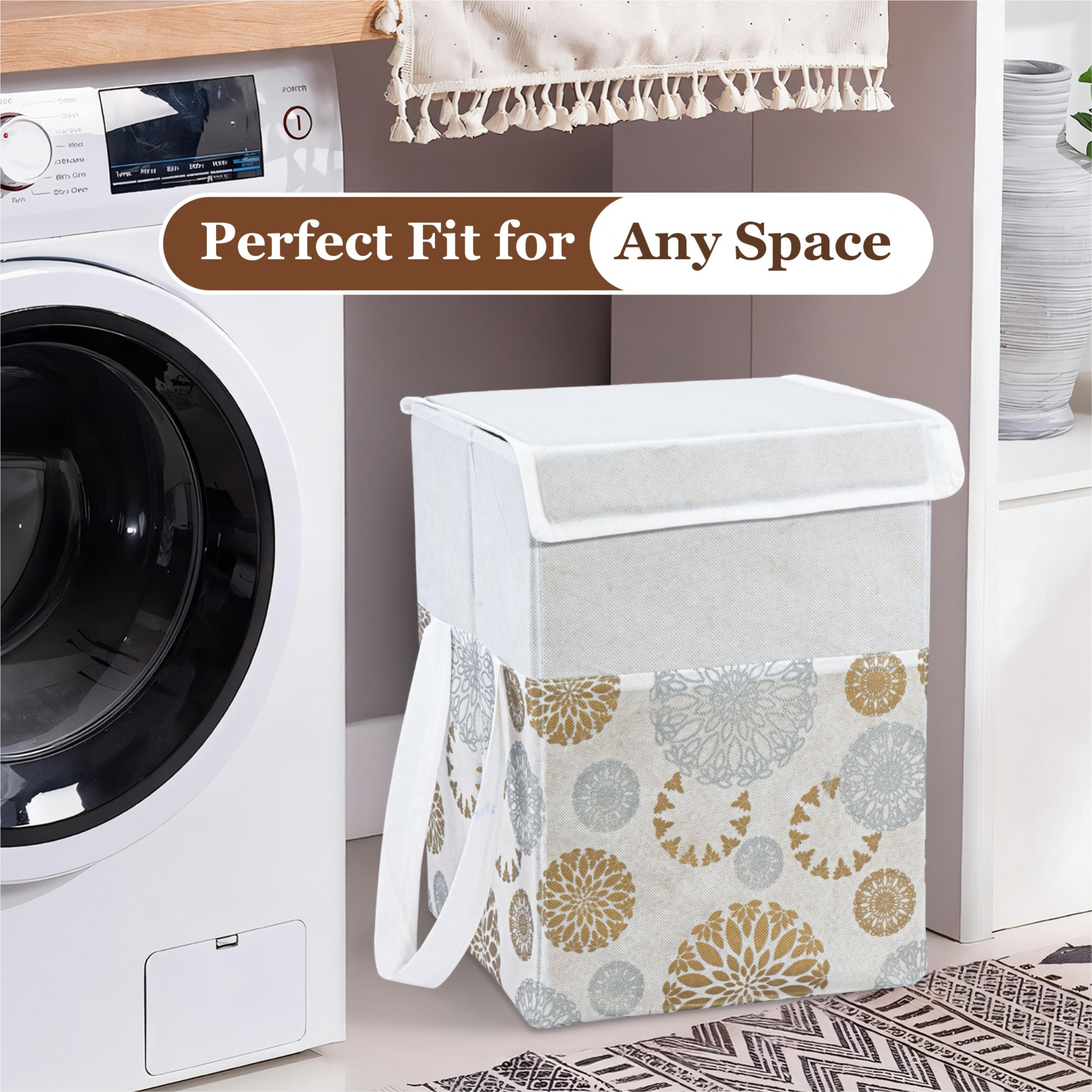 Kuber Industries 40 Ltr Foldable Clothes Storage Box and Organiser for Wardrobe with Top Flap Lid  Non Woven AlmirahCupboard Organiser for Shirts Pants Jeans and Dresses  Gola Print - White