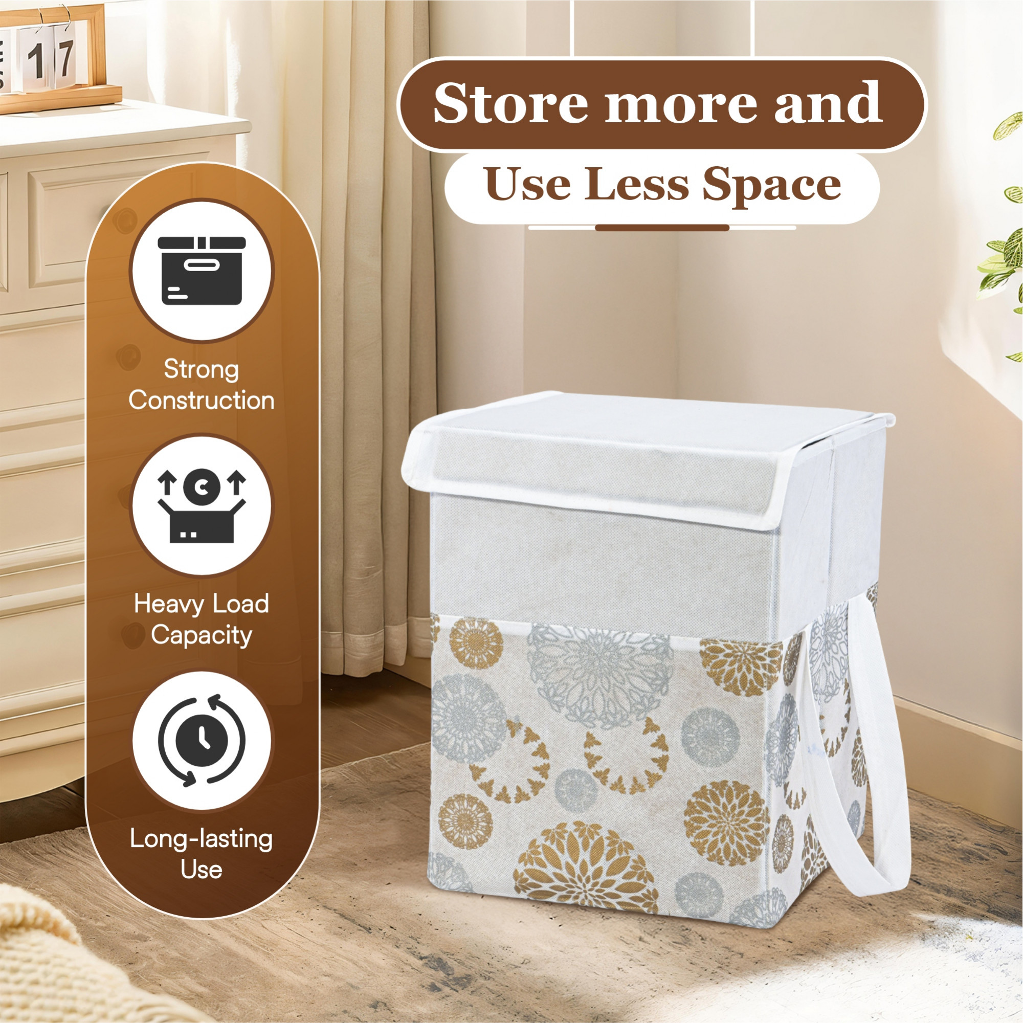 Kuber Industries 40 Ltr Foldable Clothes Storage Box and Organiser for Wardrobe with Top Flap Lid  Non Woven AlmirahCupboard Organiser for Shirts Pants Jeans and Dresses  Gola Print - White