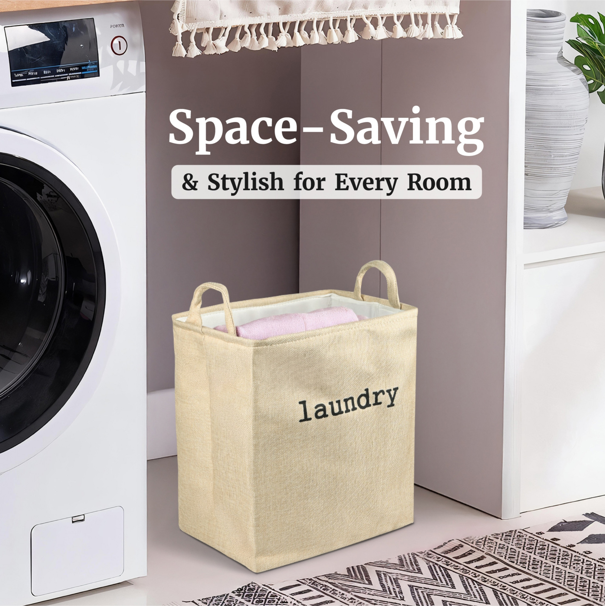 Kuber Industries 40 LTR Jute Laundry Basket for Cloth with Handles  Portable  Multipurpose Clothes Storage Basket for Men  Women  Square Print - Golden