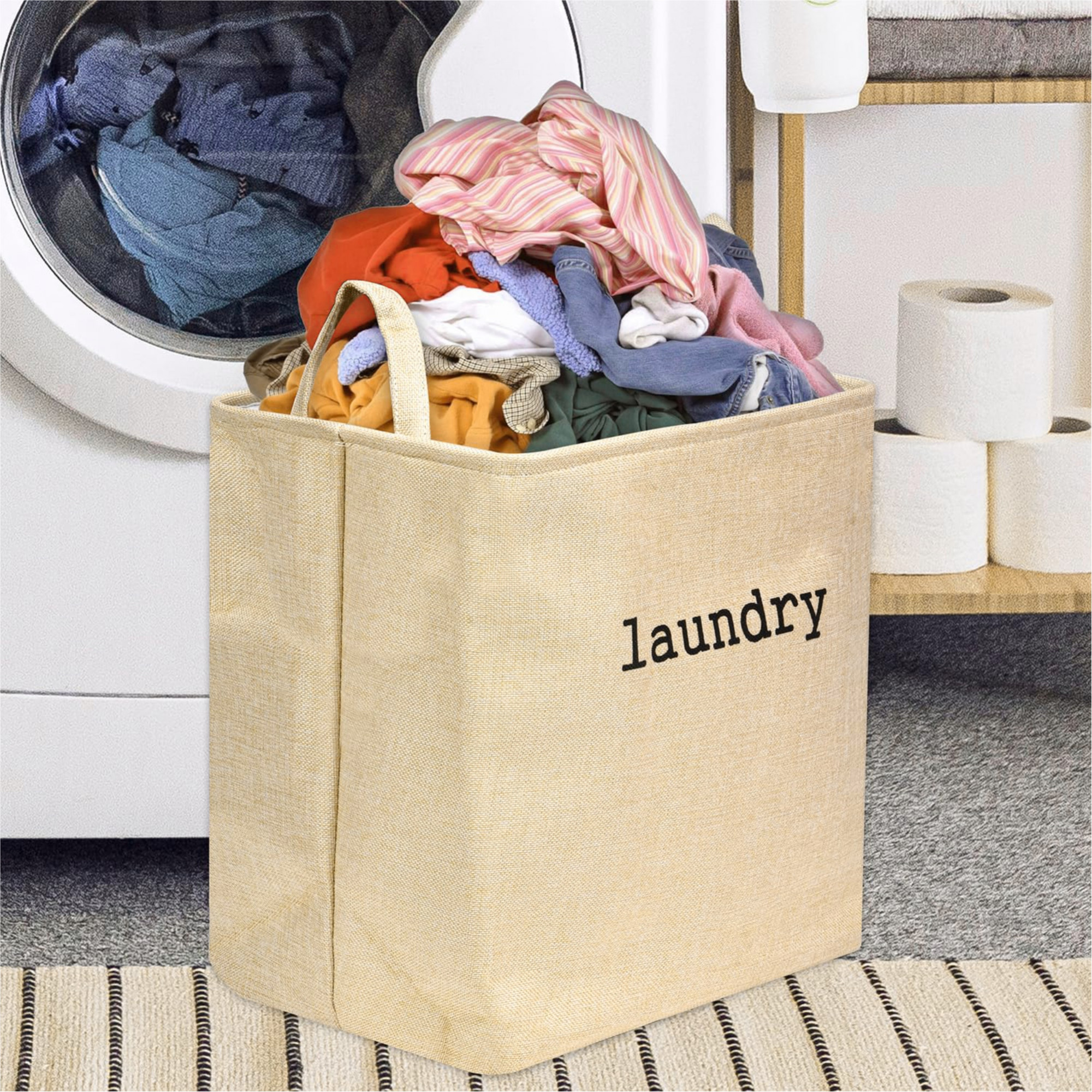 Kuber Industries 40 LTR Jute Laundry Basket for Cloth with Handles  Portable  Multipurpose Clothes Storage Basket for Men  Women  Square Print - Golden