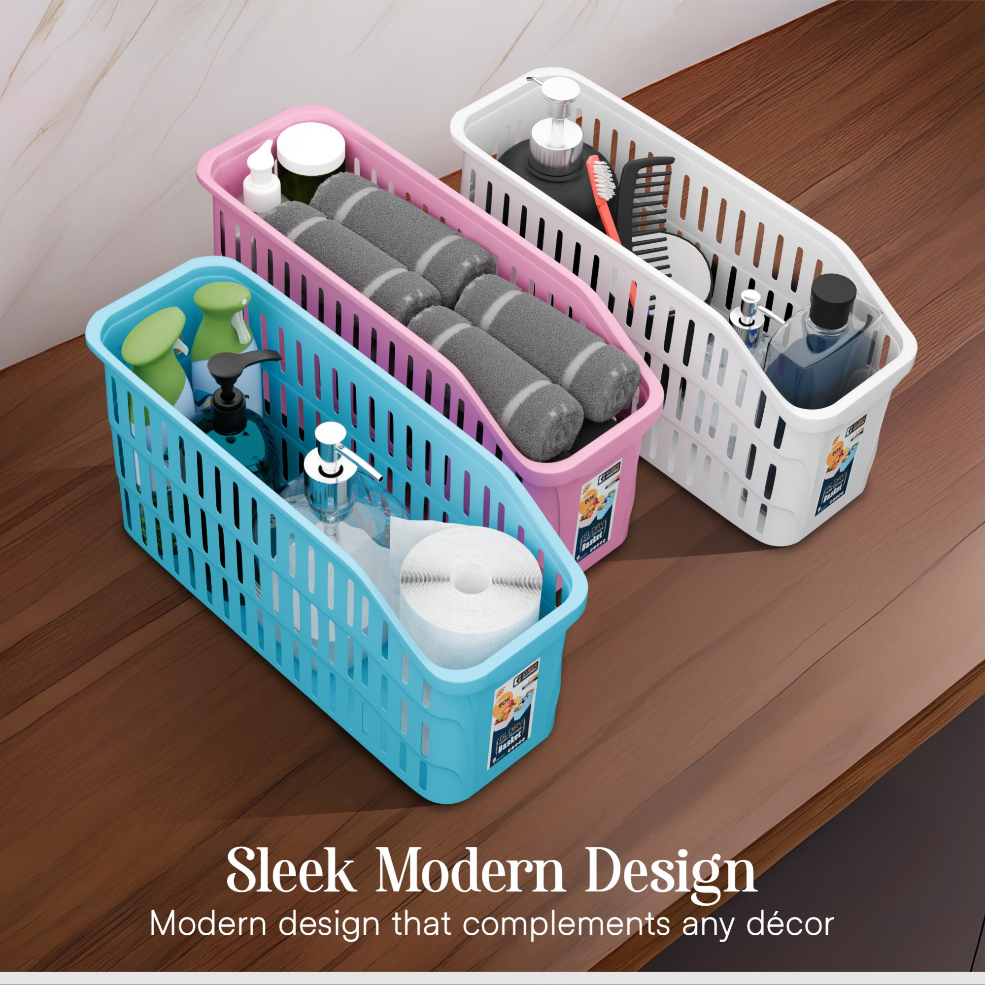 Kuber Industries 4000 ML Set of 3 Bpa Free Plastic Bathroom Basket for Toiletries  Multipurpose Storage Tray for Makeup  Stationery Items  White Pink  Skyblue