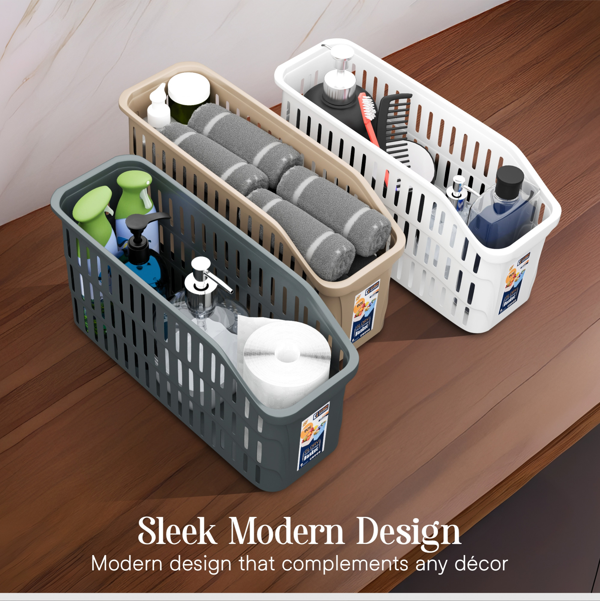 Kuber Industries 4000 ML Set of 3 Bpa Free Plastic Bathroom Basket for Toiletries  Multipurpose Storage Tray for Makeup  Stationery Items  White Grey  Beige