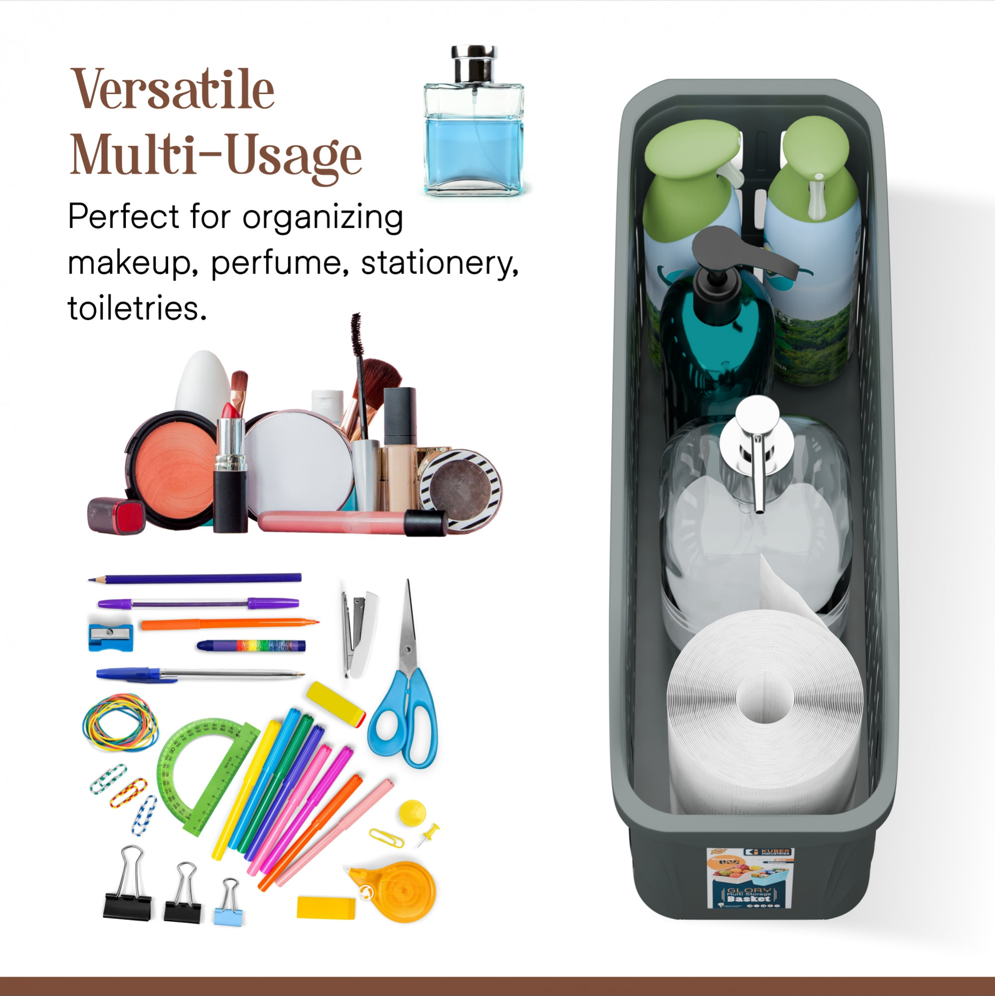 Kuber Industries 4000 ML Set of 3 Bpa Free Plastic Bathroom Basket for Toiletries  Multipurpose Storage Tray for Makeup  Stationery Items  White Grey  Beige