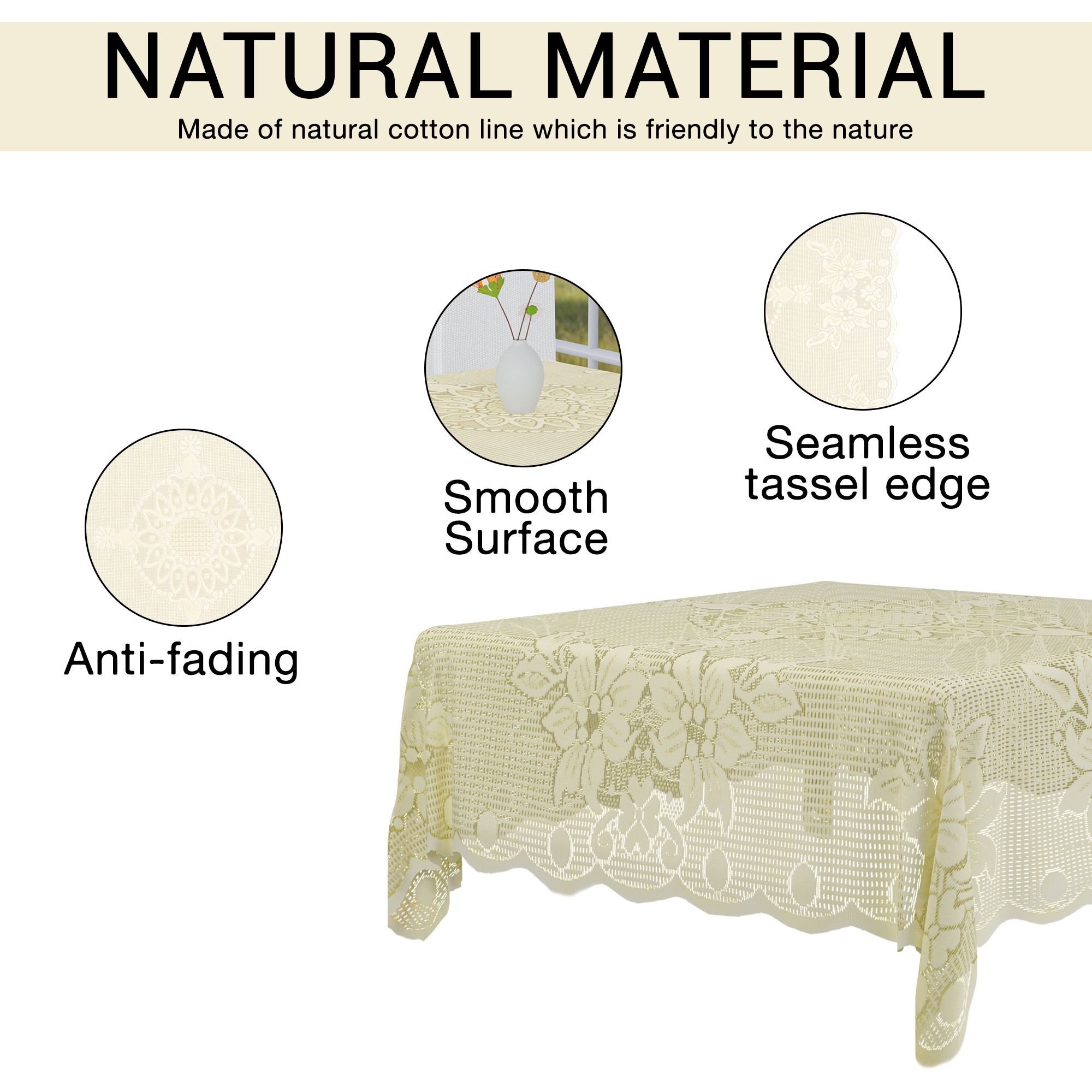 Kuber Industries 40x40 Inches Cotton 4 Seater Square Table Cover  Multipurpose Kitchen Table Clothes Cover  Protector - Ideal For Home Restaurant  Coffee Table  Self Flower -Cream