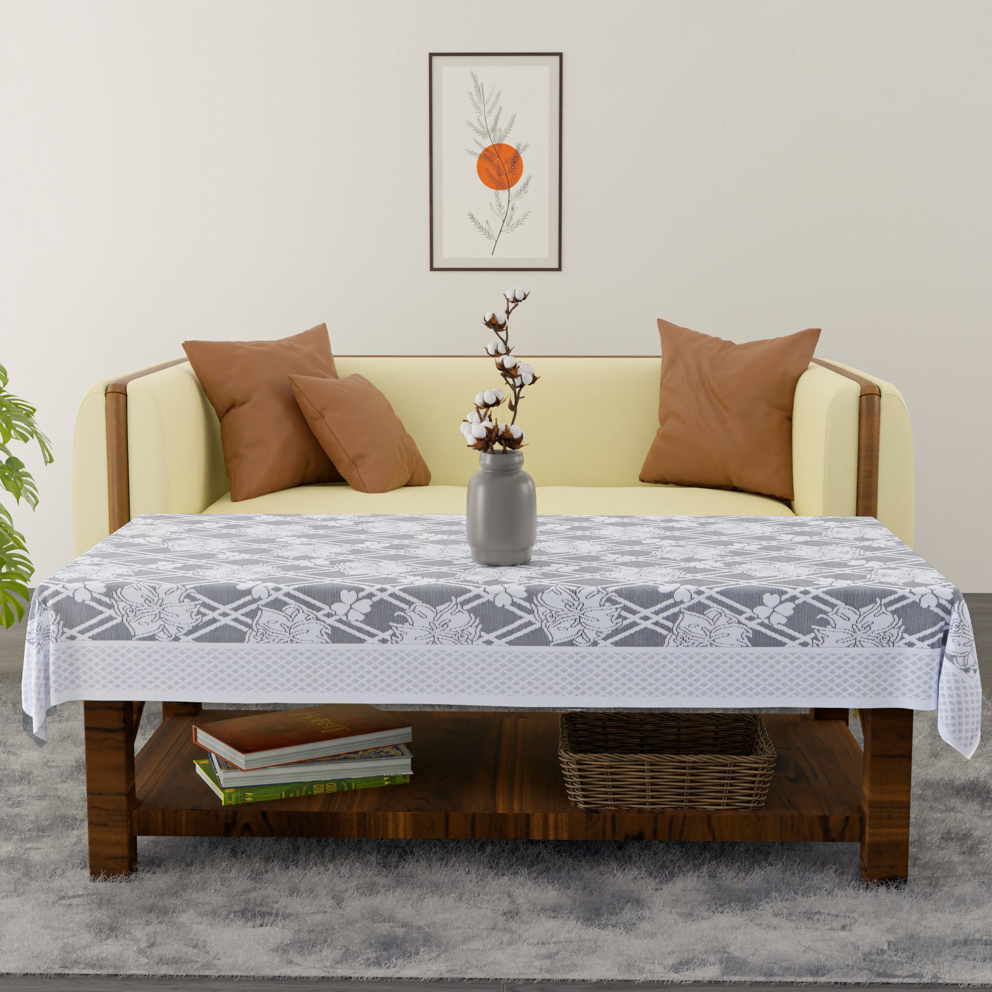 Kuber Industries 40x60 Inch 4 Seater Center Table Cover  Durable  Wrinkle-Free Table Cover ClothProtector - Center Table Accessories for Home  Cross Flower- Grey