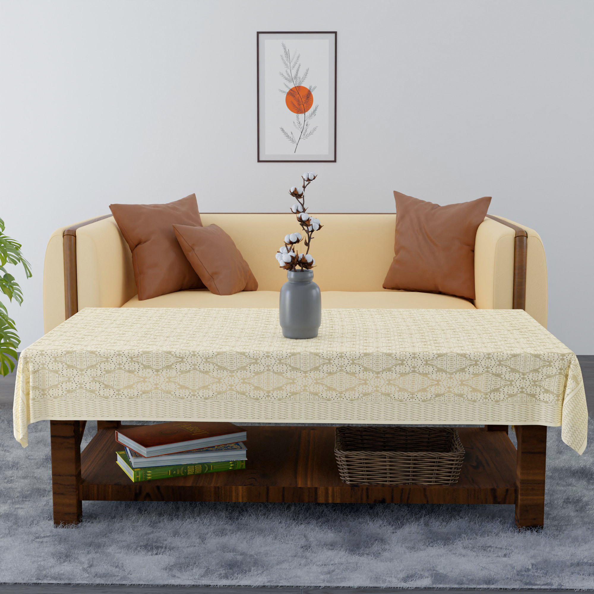 Kuber Industries 40x60 Inch 4 Seater Center Table Cover  Durable  Wrinkle-Free Table Cover ClothProtector - Center Table Accessories for Home  Self Boring Design- Cream