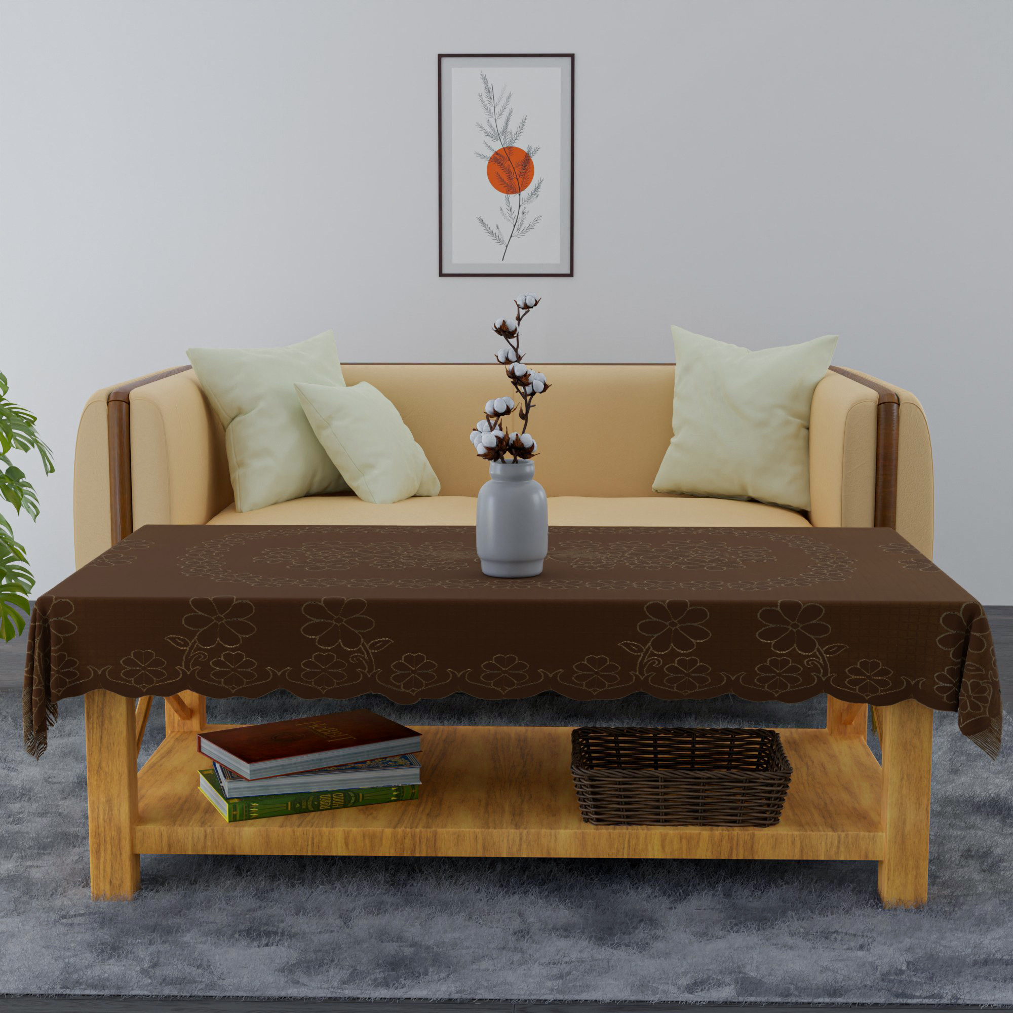 Kuber Industries 40x60 Inch 4 Seater Center Table Cover  Durable  Wrinkle-Free Table Cover ClothProtector - Center Table Accessories for Home  Self Flower Jhalar- Coffee