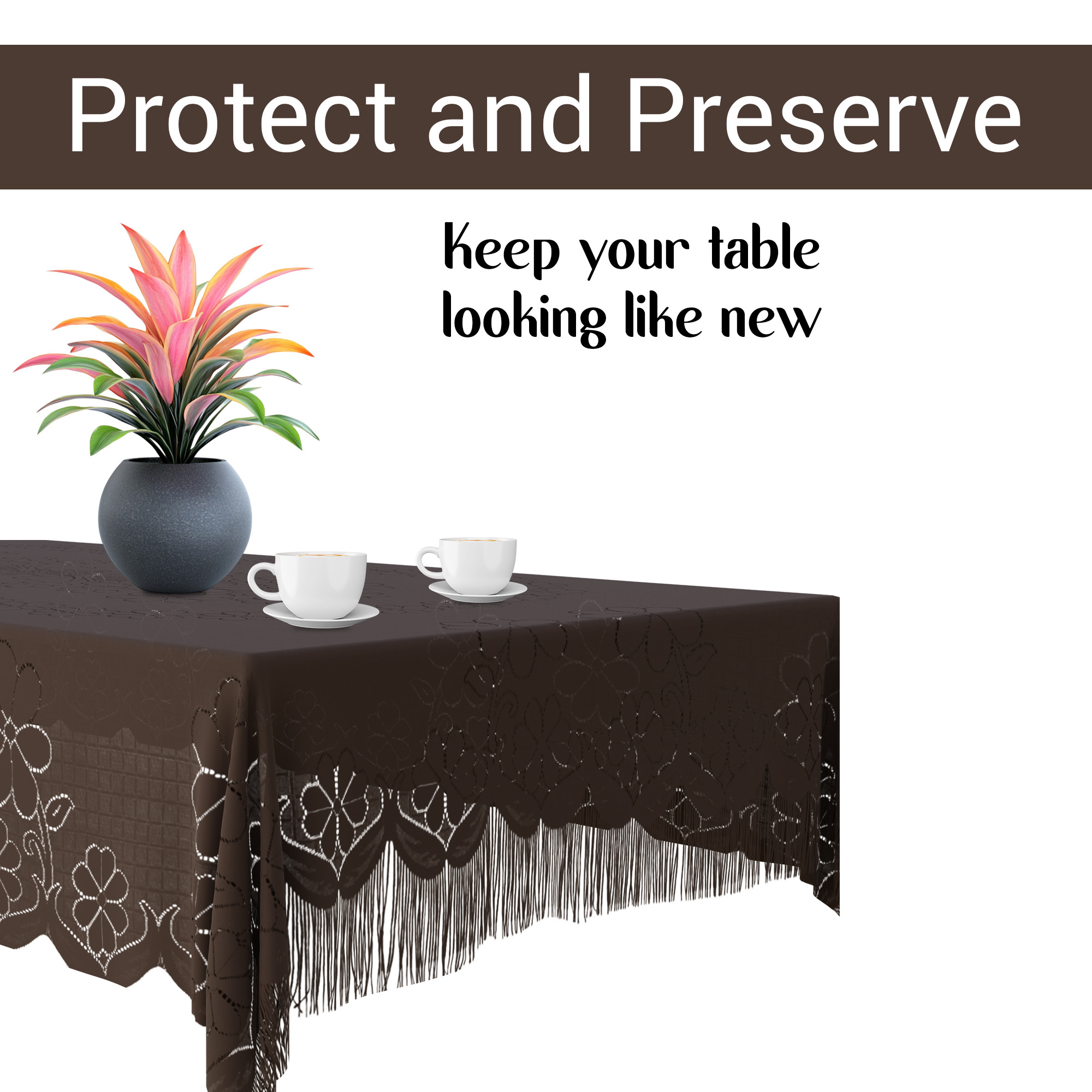 Kuber Industries 40x60 Inch 4 Seater Center Table Cover  Durable  Wrinkle-Free Table Cover ClothProtector - Center Table Accessories for Home  Self Flower Jhalar- Coffee