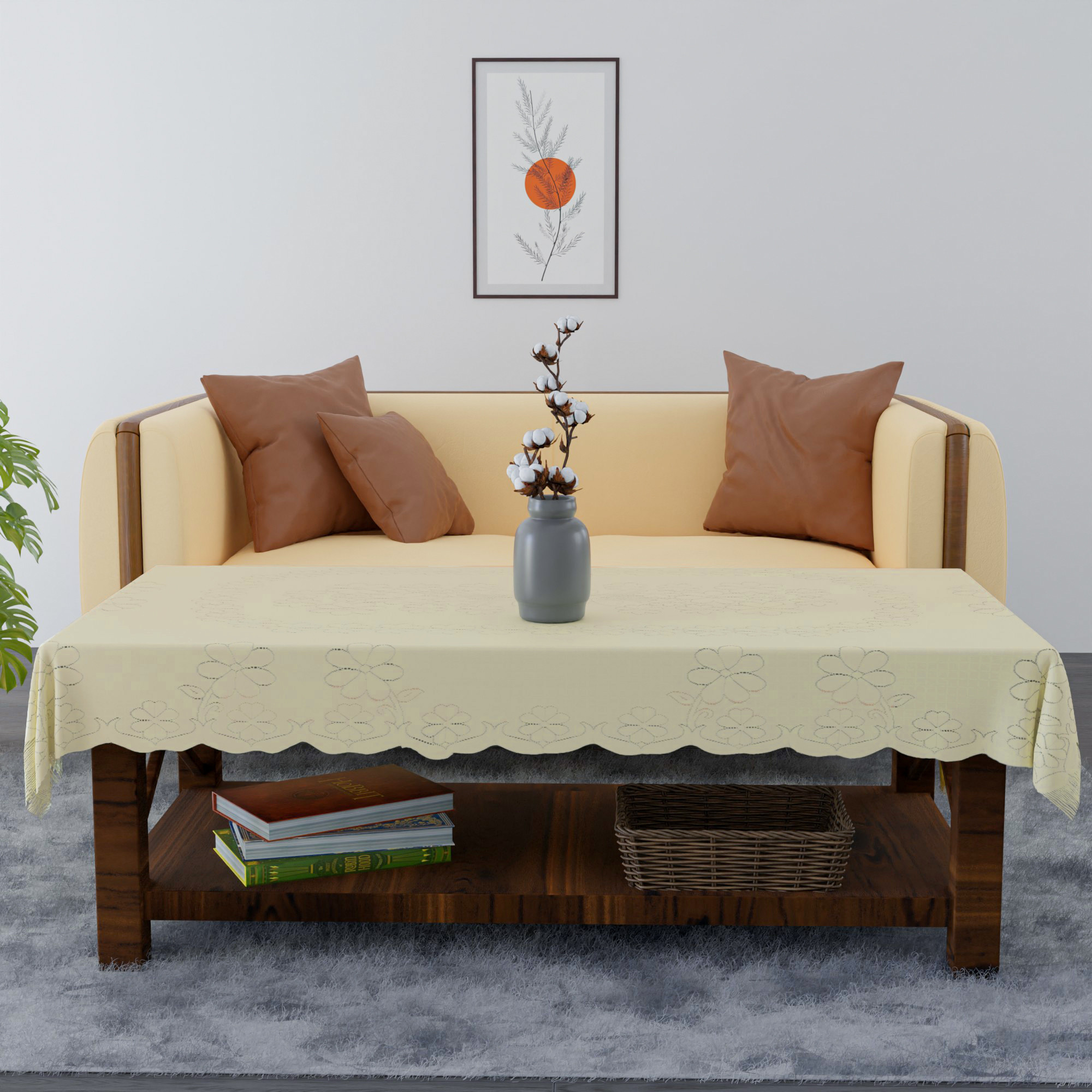 Kuber Industries 40x60 Inch 4 Seater Center Table Cover  Durable  Wrinkle-Free Table Cover ClothProtector - Center Table Accessories for Home  Self Flower Jhalar- Cream