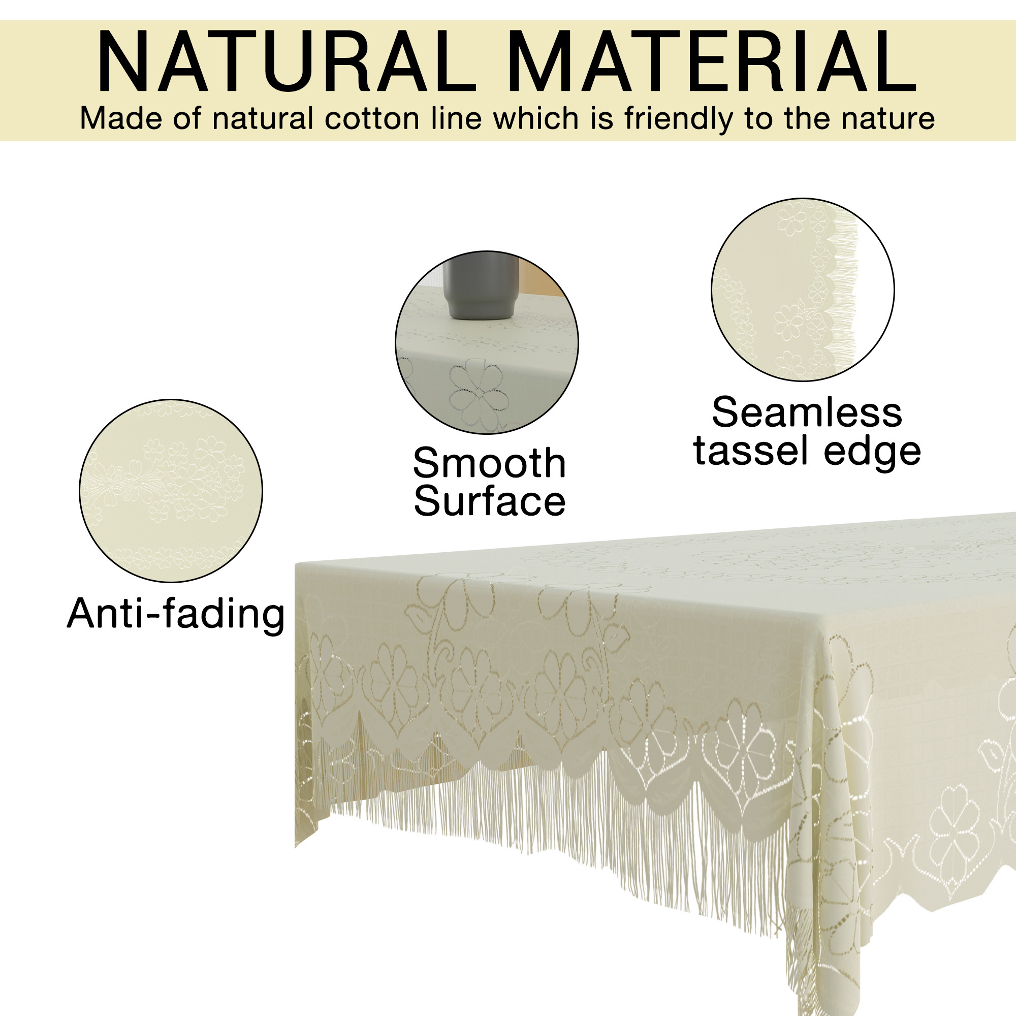 Kuber Industries 40x60 Inch 4 Seater Center Table Cover  Durable  Wrinkle-Free Table Cover ClothProtector - Center Table Accessories for Home  Self Flower Jhalar- Cream