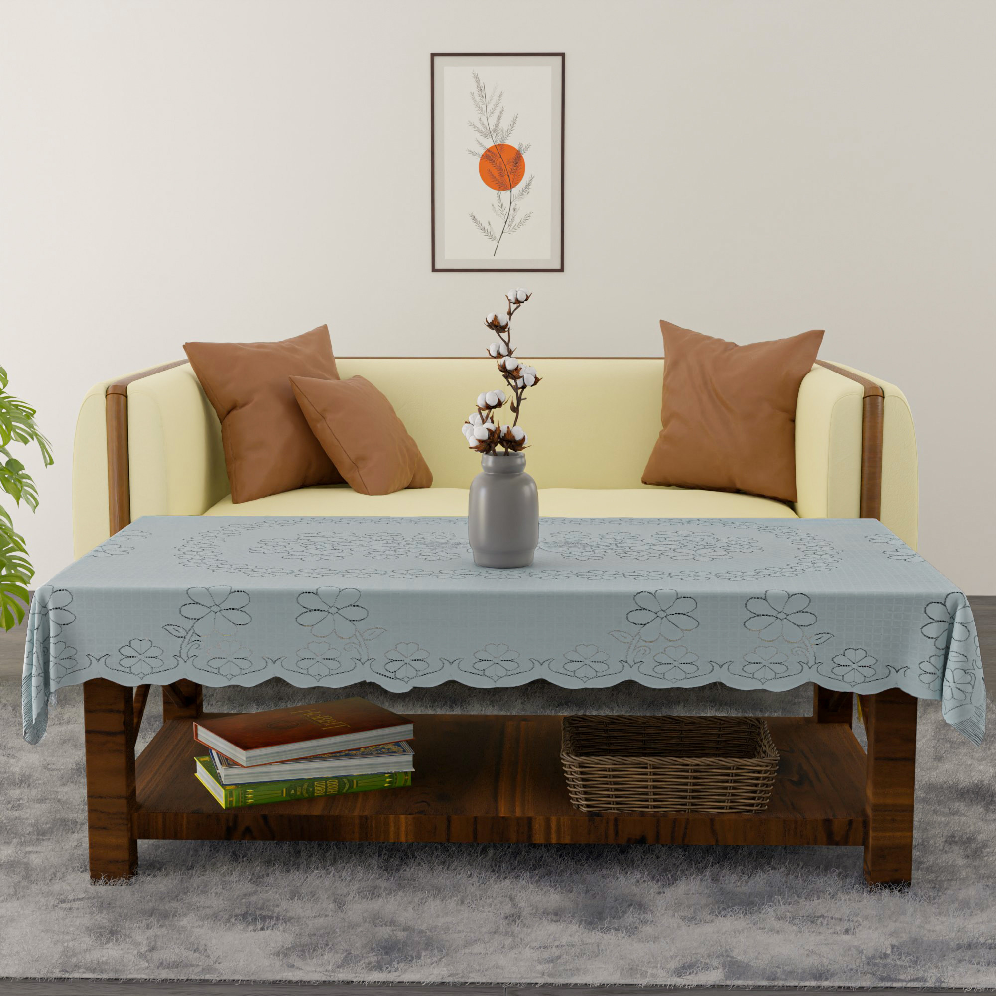 Kuber Industries 40x60 Inch 4 Seater Center Table Cover  Durable  Wrinkle-Free Table Cover ClothProtector - Center Table Accessories for Home  Self Flower Jhalar- Grey