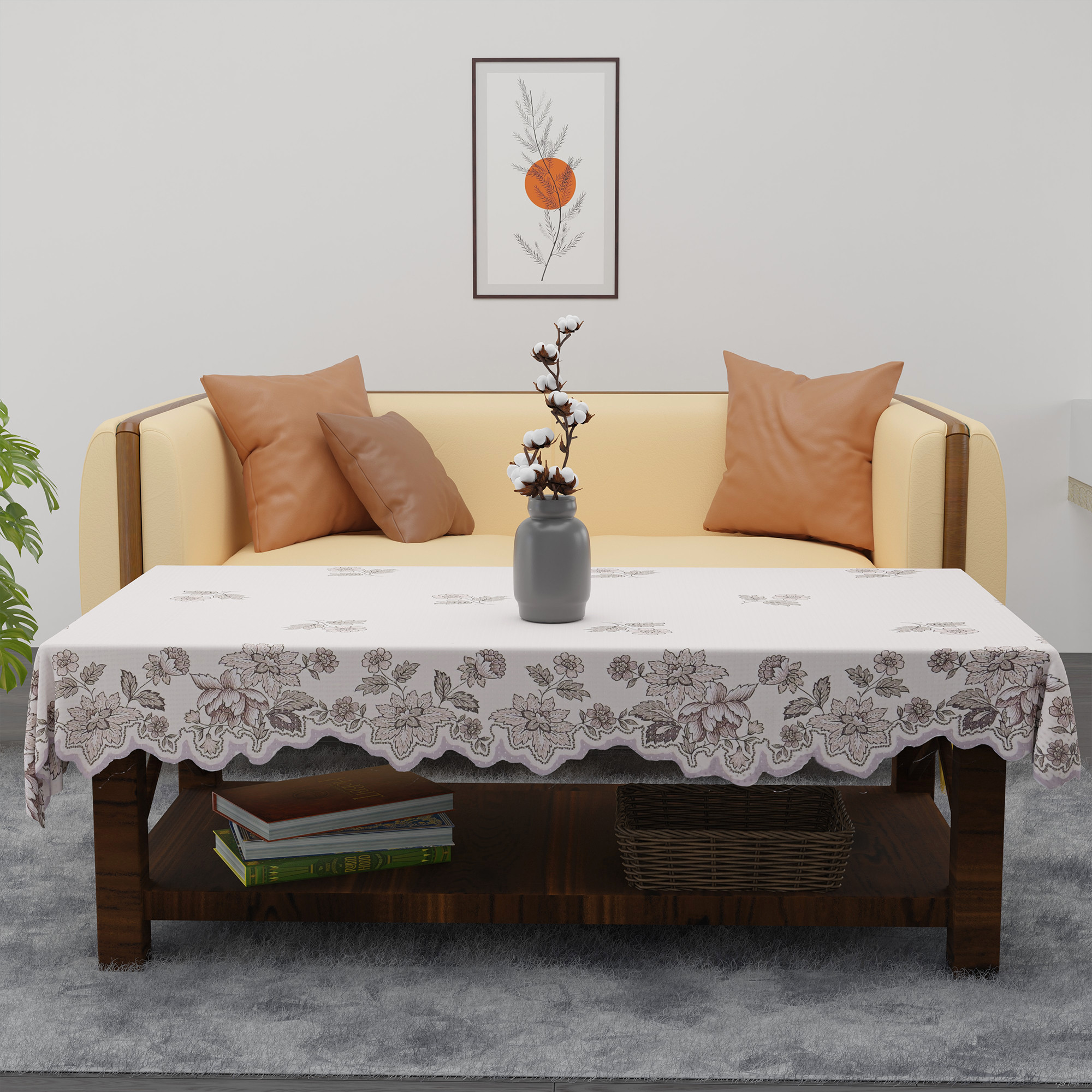 Kuber Industries 40x60 Inch Cotton 4 Seater Centre Table Cover Cloth for Living Room  Tea Table Top Cover for Home Decor  Office Center Table Protector Sheet  1055 Net Delta - Cream  Brown