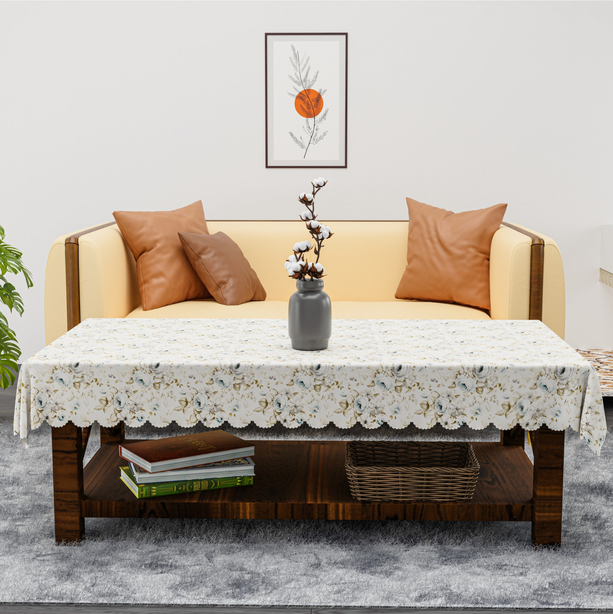 Kuber Industries 40x60 Inch Jute Center Table Cover Cloth  4 Seater Centre Coffee and Teapoy Cover for Living Room  Gulab Cutwork - Cream  Grey