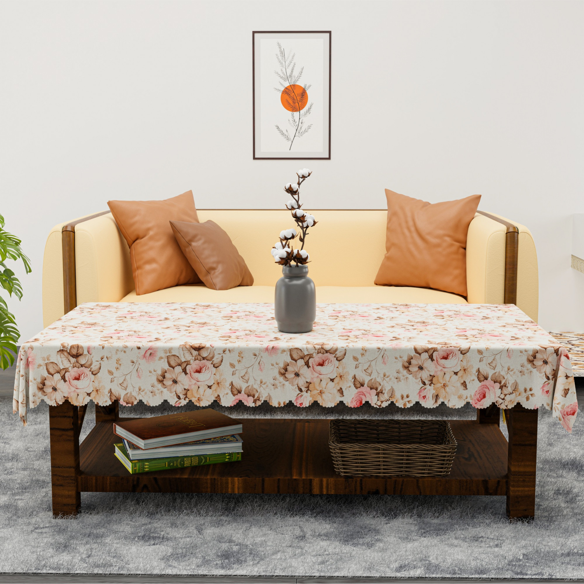 Kuber Industries 40x60 Inch Jute Center Table Cover Cloth  4 Seater Centre Coffee and Teapoy Cover for Living Room  Gulab Cutwork - Cream  Pink