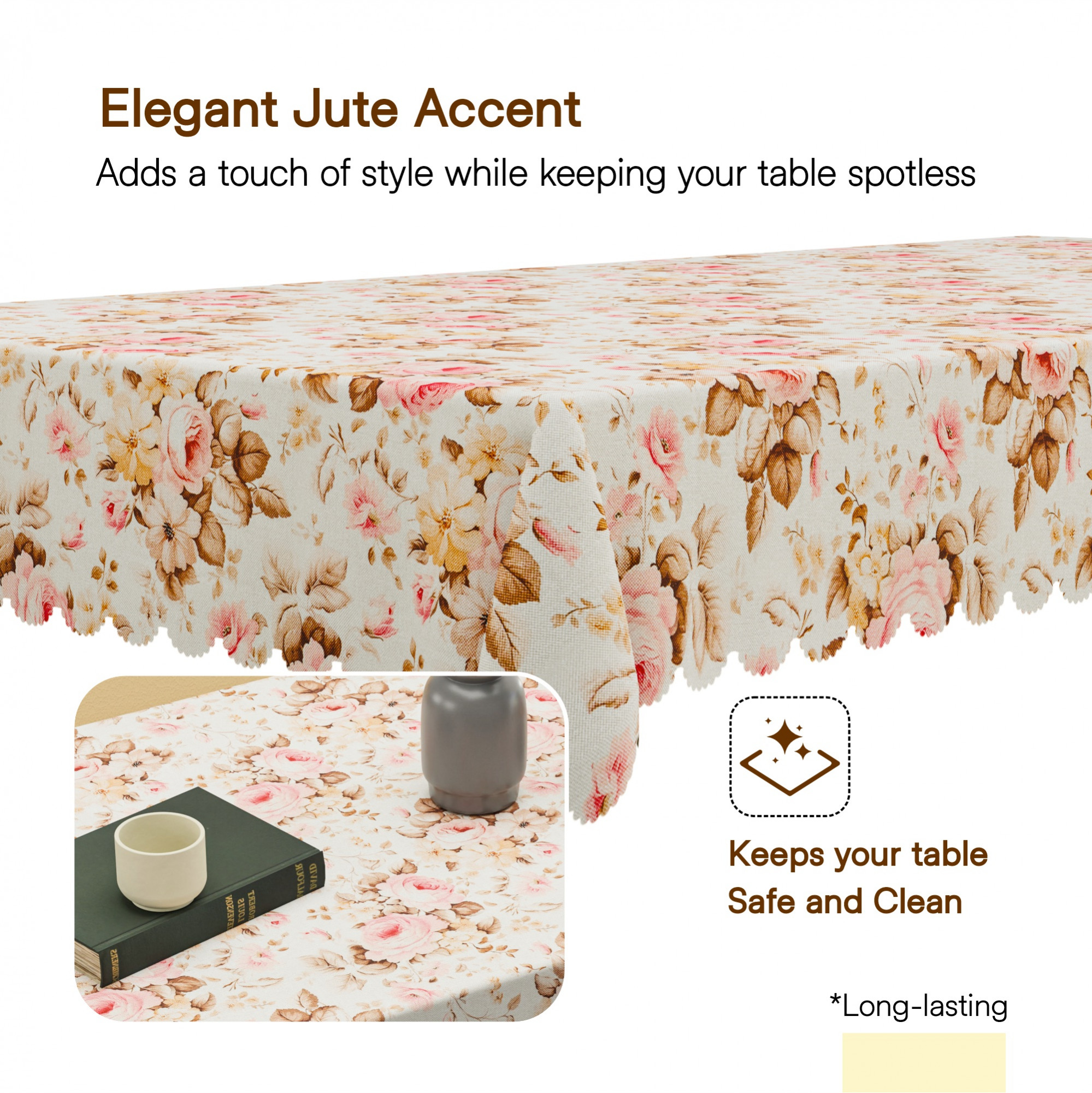 Kuber Industries 40x60 Inch Jute Center Table Cover Cloth  4 Seater Centre Coffee and Teapoy Cover for Living Room  Gulab Cutwork - Cream  Pink