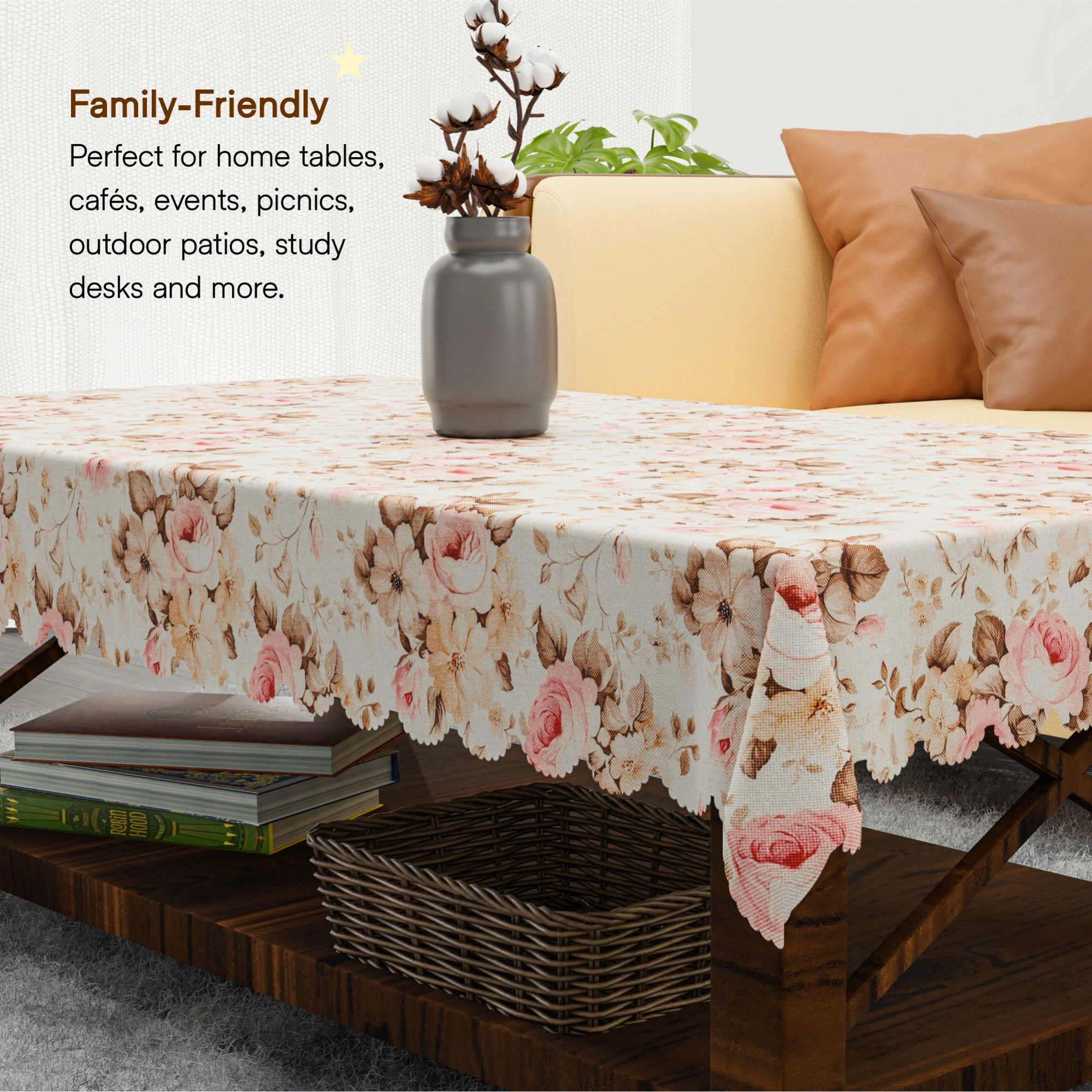 Kuber Industries 40x60 Inch Jute Center Table Cover Cloth  4 Seater Centre Coffee and Teapoy Cover for Living Room  Gulab Cutwork - Cream  Pink