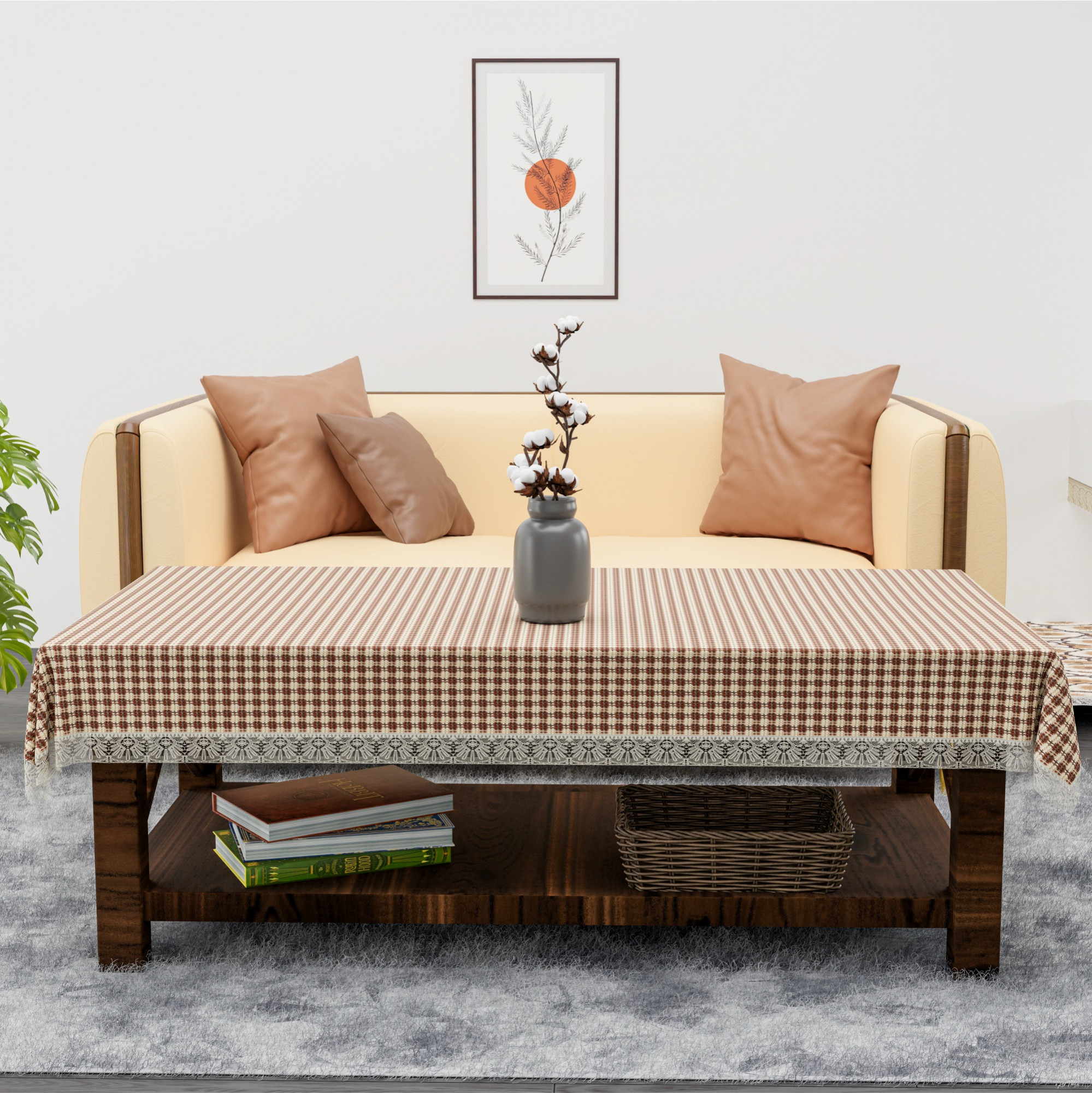 Kuber Industries 40x60 Inch Jute Center Table Cover Cloth 4 Seater for Living Room  Central Table Top Teapoy Cover for Home and Office Decor  Big Patta - Cream  Brown