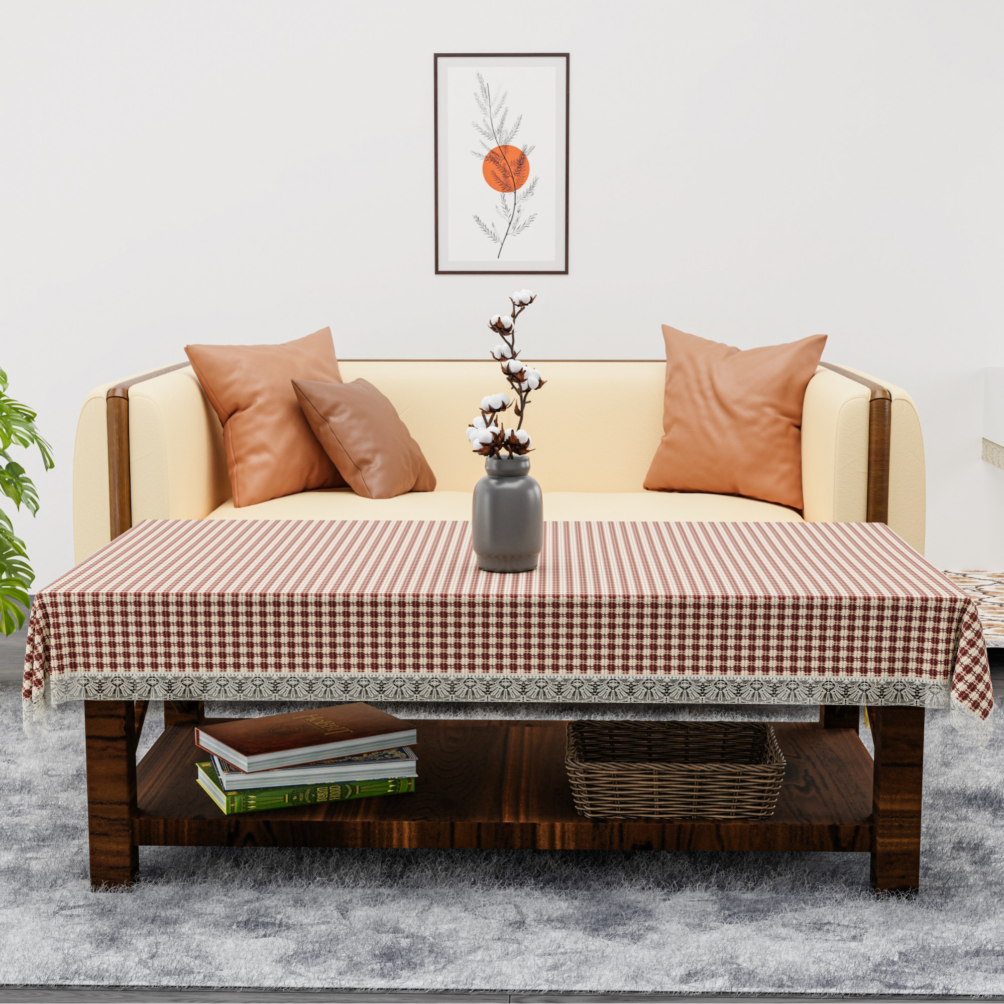 Kuber Industries 40x60 Inch Jute Center Table Cover Cloth 4 Seater for Living Room  Central Table Top Teapoy Cover for Home and Office Decor  Big Patta - Cream  Maroon