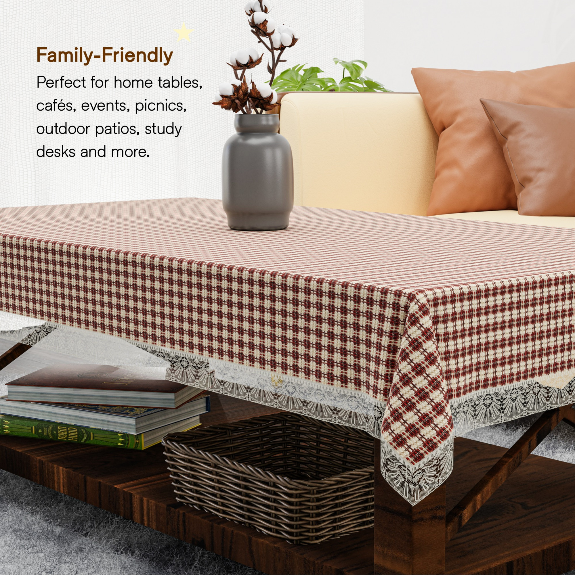 Kuber Industries 40x60 Inch Jute Center Table Cover Cloth 4 Seater for Living Room  Central Table Top Teapoy Cover for Home and Office Decor  Big Patta - Cream  Maroon