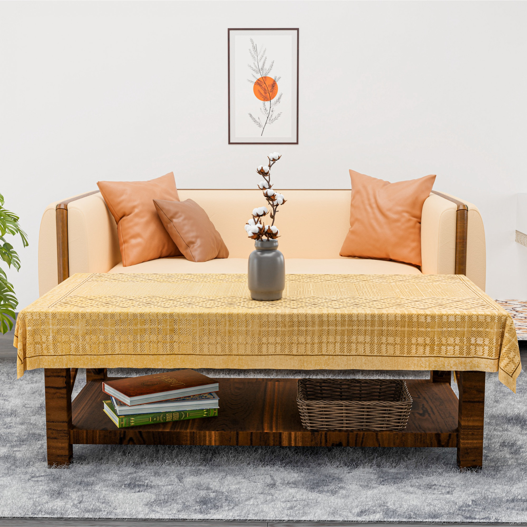 Kuber Industries 40x60 Inch Net Cotton Center Table Cover Cloth  4 Seater Centre Coffee and Teapoy Cover for Living Room  Zig Zag Bright - Golden