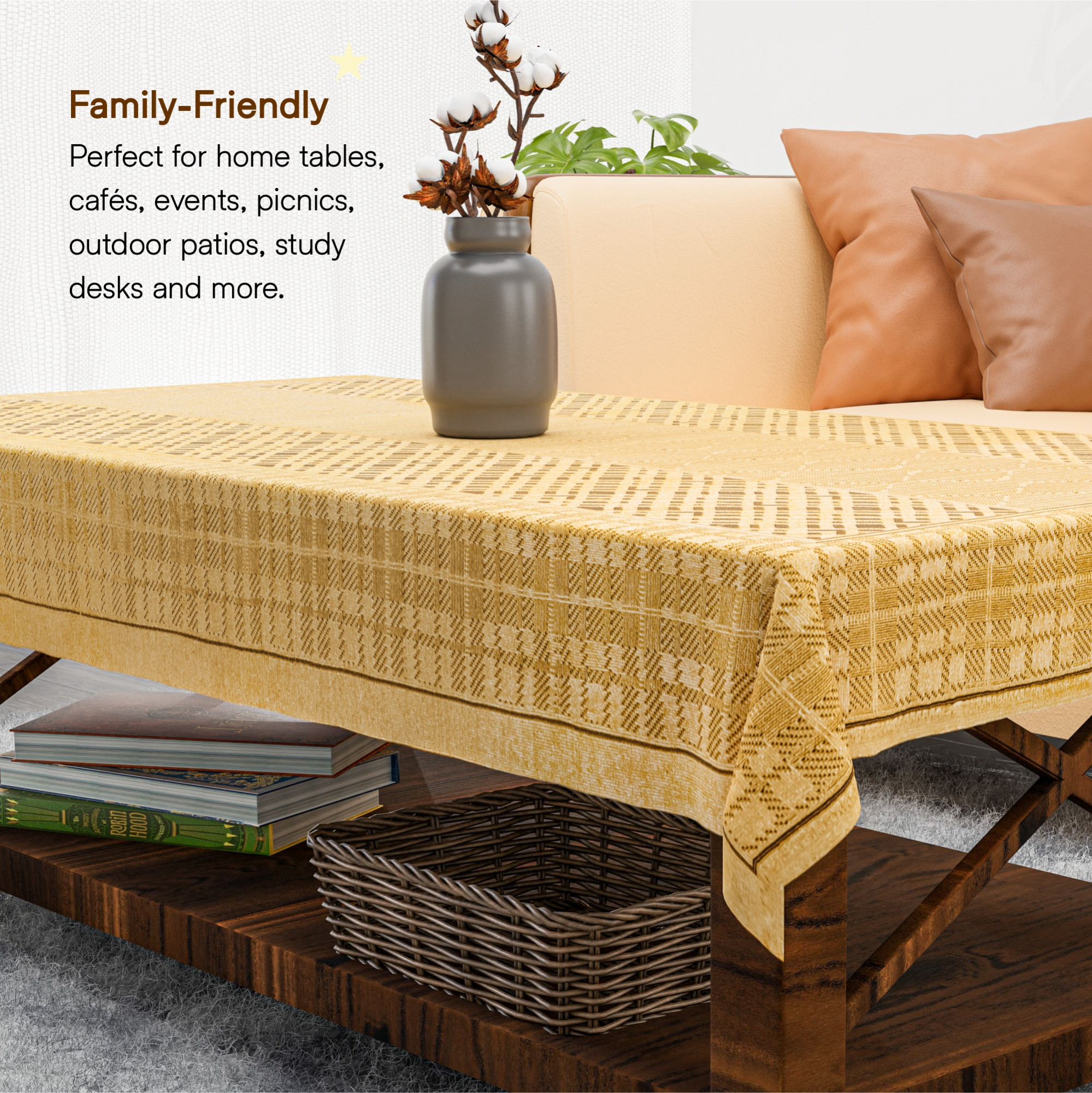 Kuber Industries 40x60 Inch Net Cotton Center Table Cover Cloth  4 Seater Centre Coffee and Teapoy Cover for Living Room  Zig Zag Bright - Golden