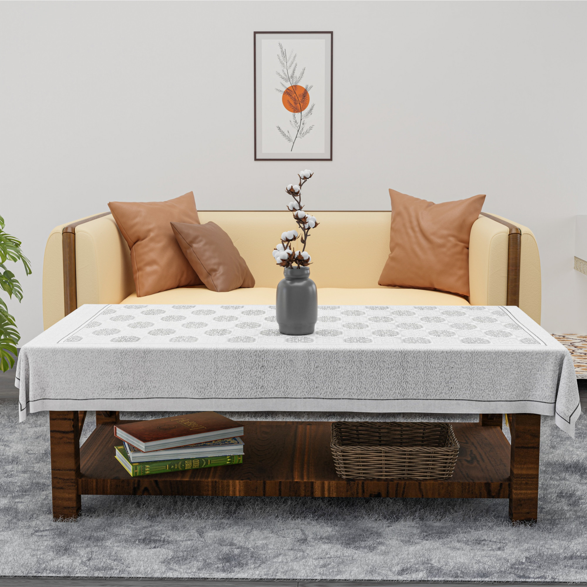 Kuber Industries 40x60 Inch Net Cotton Center Table Cover Cloth  4 Seater Centre Coffee and Teapoy Cover for Living Room  Check Bright Flower - Grey  Black