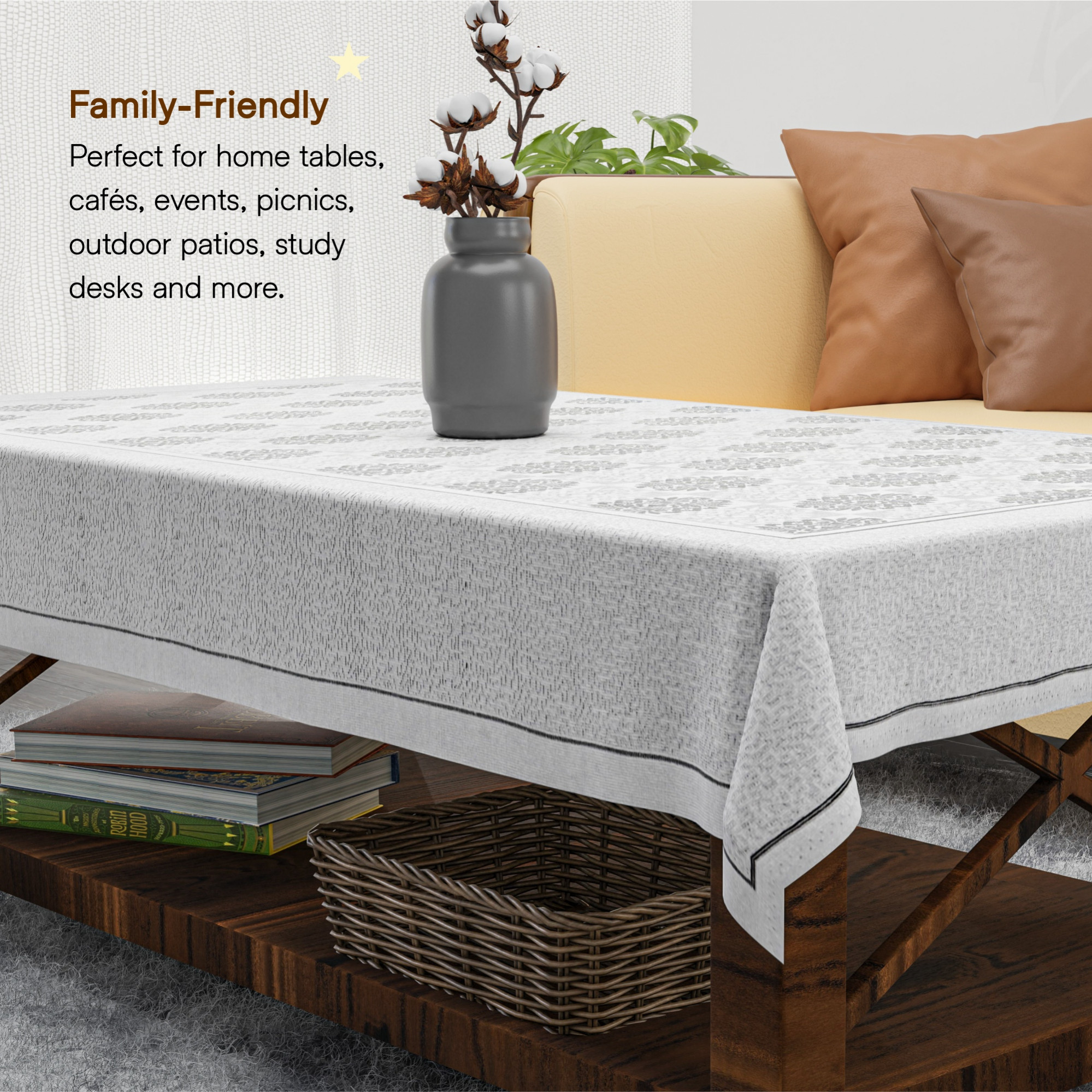 Kuber Industries 40x60 Inch Net Cotton Center Table Cover Cloth  4 Seater Centre Coffee and Teapoy Cover for Living Room  Check Bright Flower - Grey  Black