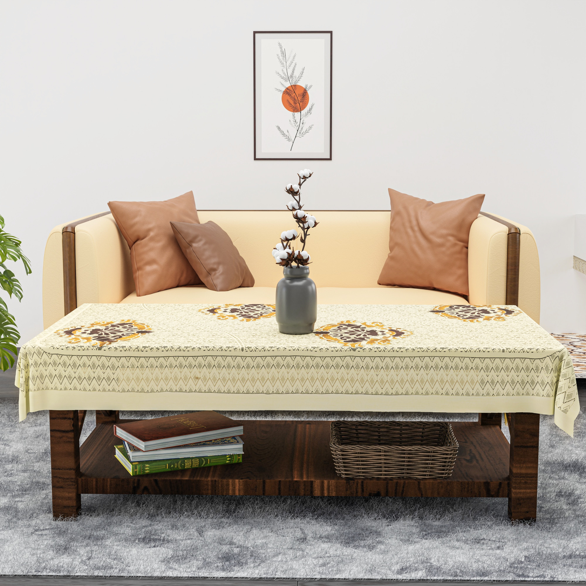 Kuber Industries 40x60 Inch Net Cotton Center Table Cover Cloth  4 Seater Centre Coffee and Teapoy Cover for Living Room  Cotonic Harrier Painting - Cream  Brown