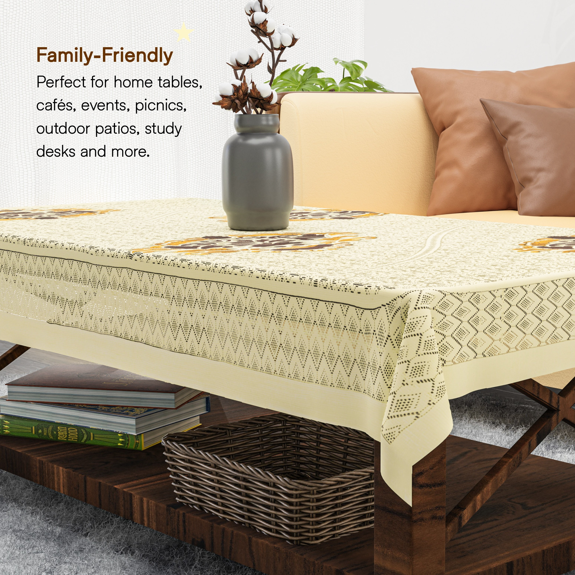 Kuber Industries 40x60 Inch Net Cotton Center Table Cover Cloth  4 Seater Centre Coffee and Teapoy Cover for Living Room  Cotonic Harrier Painting - Cream  Brown