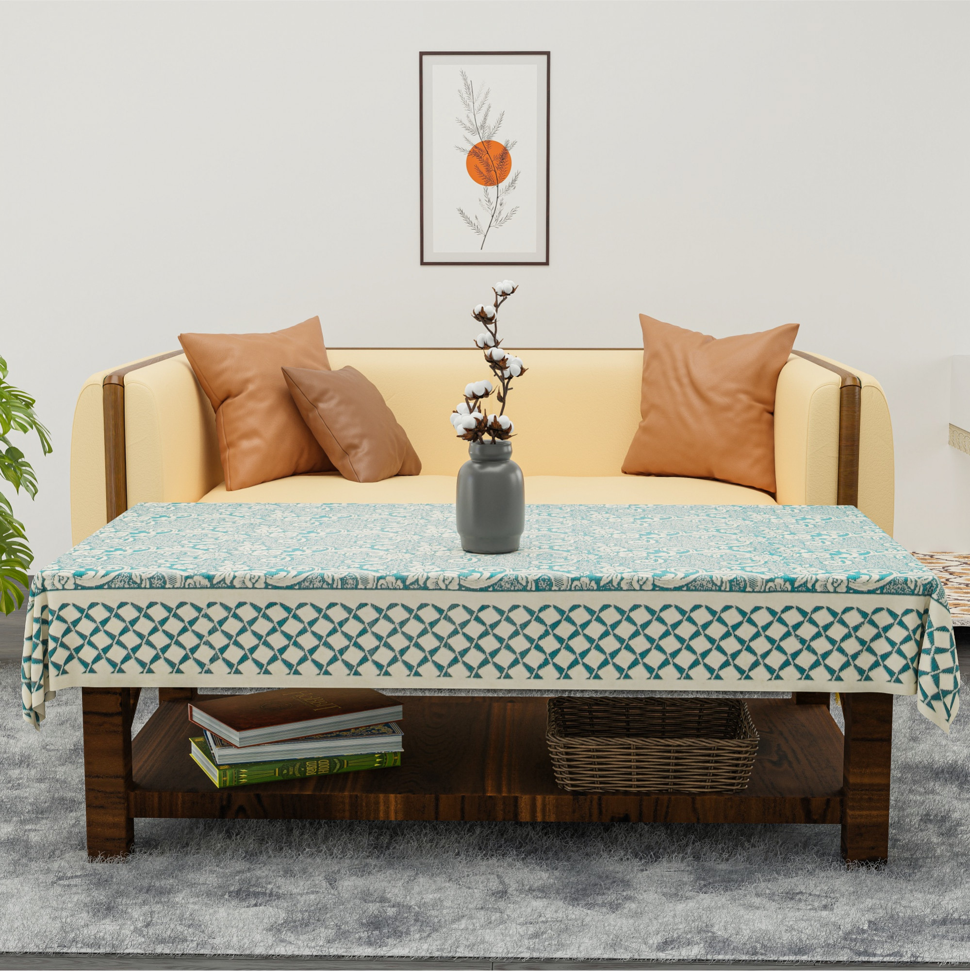 Kuber Industries 40x60 Inch Net Cotton Center Table Cover Cloth  4 Seater Centre Coffee and Teapoy Cover for Living Room  Aqua Rose 1893 Bright - Cream