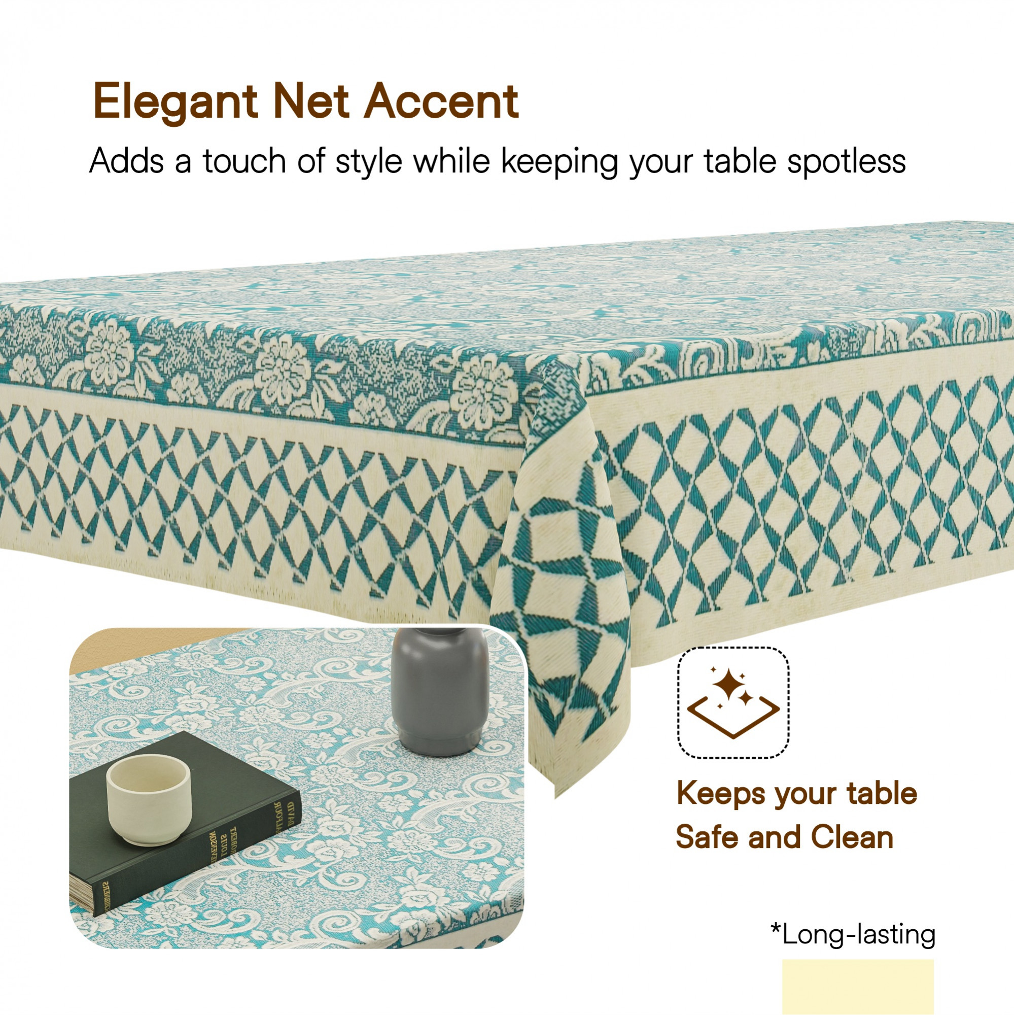 Kuber Industries 40x60 Inch Net Cotton Center Table Cover Cloth  4 Seater Centre Coffee and Teapoy Cover for Living Room  Aqua Rose 1893 Bright - Cream