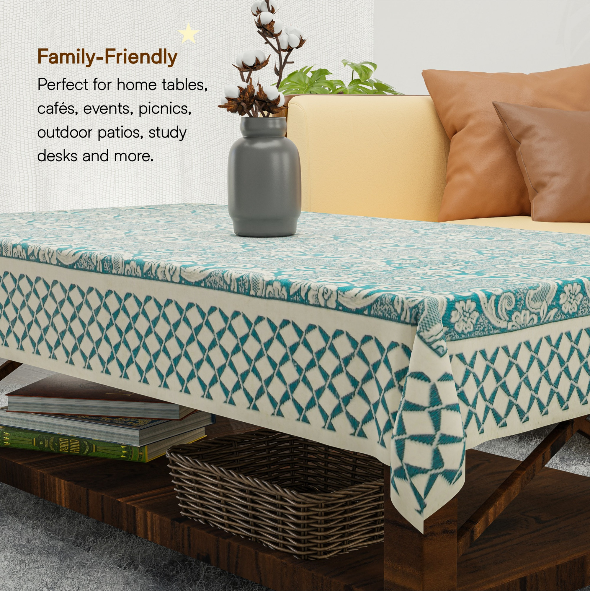 Kuber Industries 40x60 Inch Net Cotton Center Table Cover Cloth  4 Seater Centre Coffee and Teapoy Cover for Living Room  Aqua Rose 1893 Bright - Cream