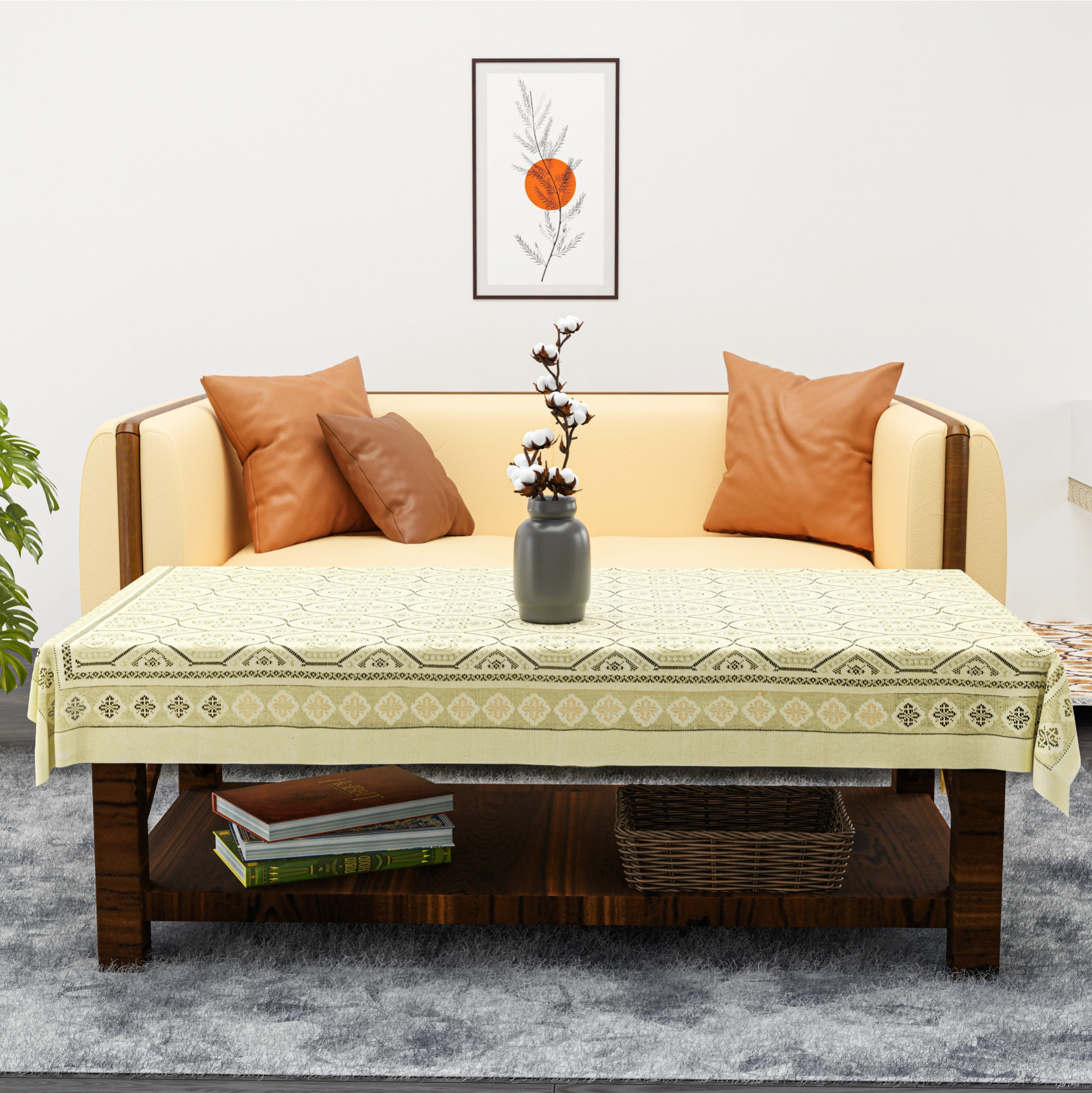 Kuber Industries 40x60 Inch Net Cotton Center Table Cover Cloth 4 Seater for Living Room Home and Office Decor  Rectangular Coffee Table Cover  Tablecloth for Teapoy  Galaxy 4 Way Design - Cream