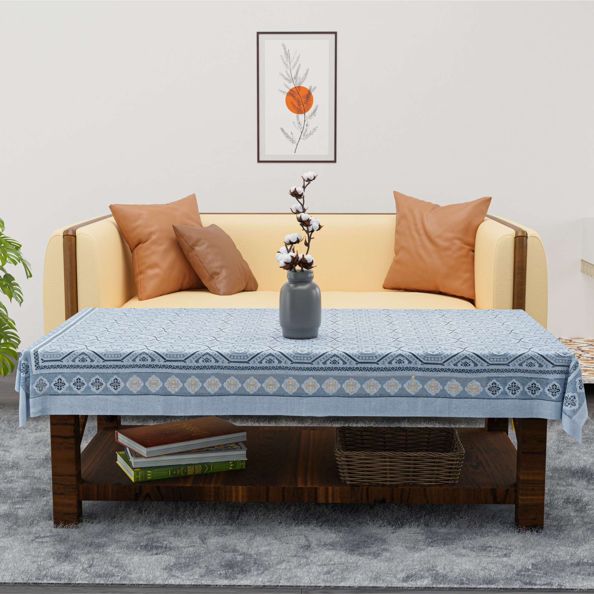 Kuber Industries 40x60 Inch Net Cotton Center Table Cover Cloth 4 Seater for Living Room Home and Office Decor  Rectangular Coffee Table Cover  Tablecloth for Teapoy  Galaxy 4 Way Design - Grey