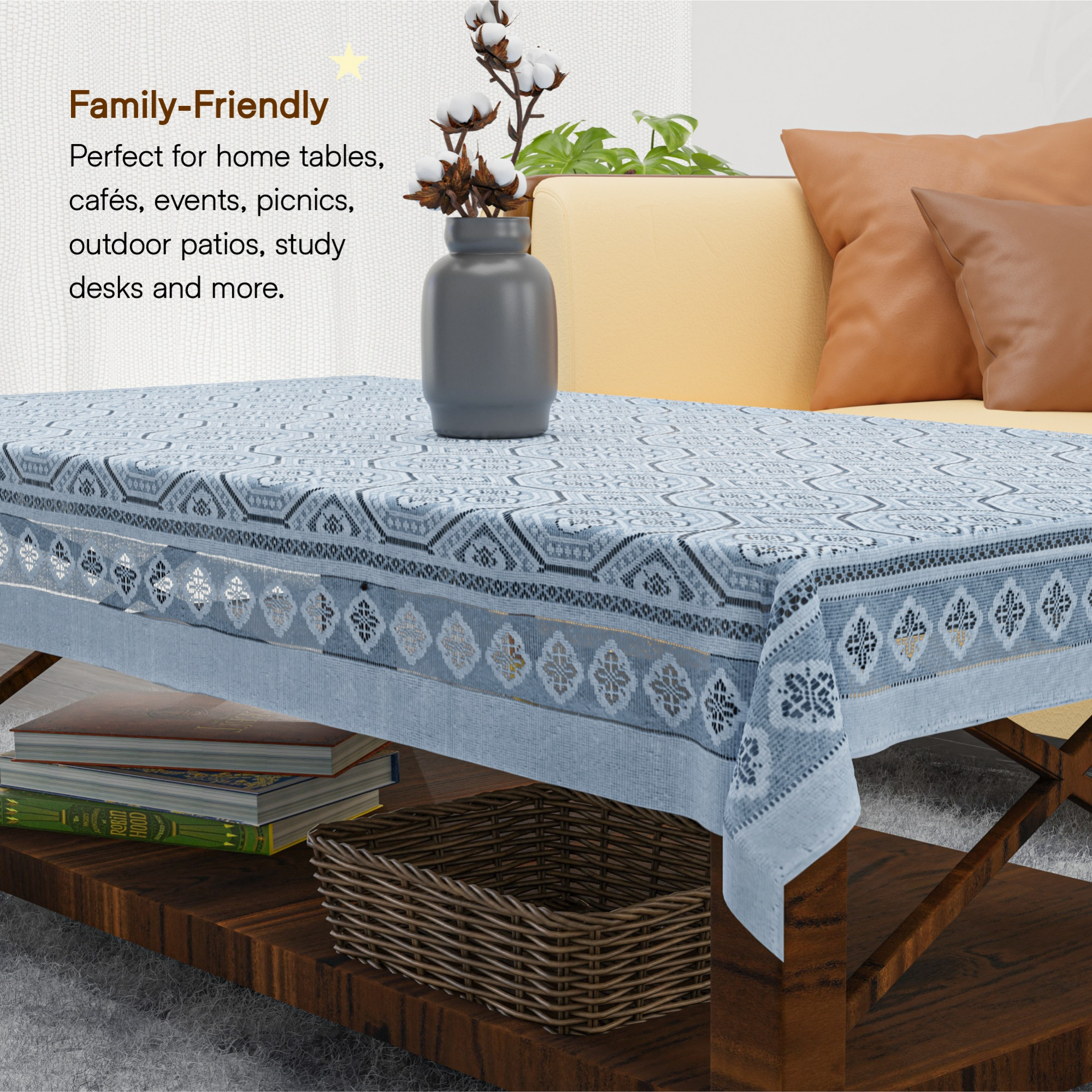 Kuber Industries 40x60 Inch Net Cotton Center Table Cover Cloth 4 Seater for Living Room Home and Office Decor  Rectangular Coffee Table Cover  Tablecloth for Teapoy  Galaxy 4 Way Design - Grey