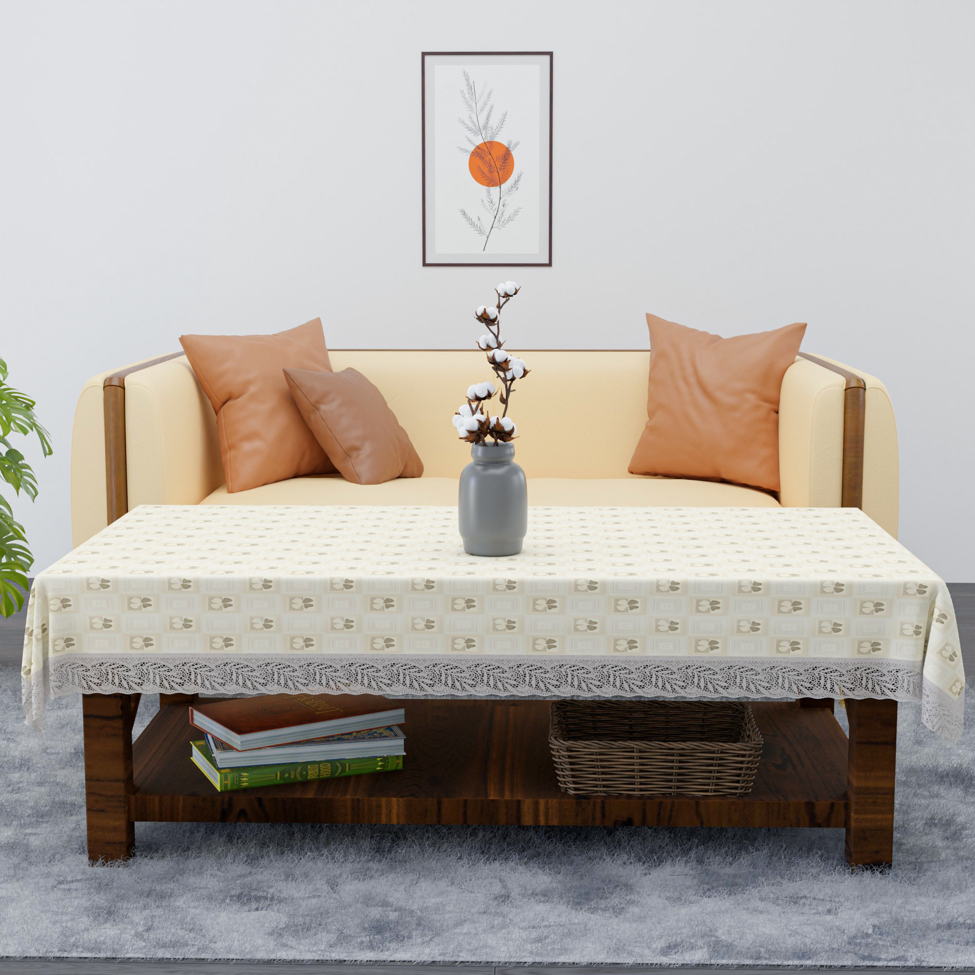 Kuber Industries 40x60 Inch PVC 4 Seater Centre Table Cover  Waterproof  Spill-Resistant Table Cover Cloth  Table Protector for Home Living Room  Office  Check Flower CBC - Cream  Brown