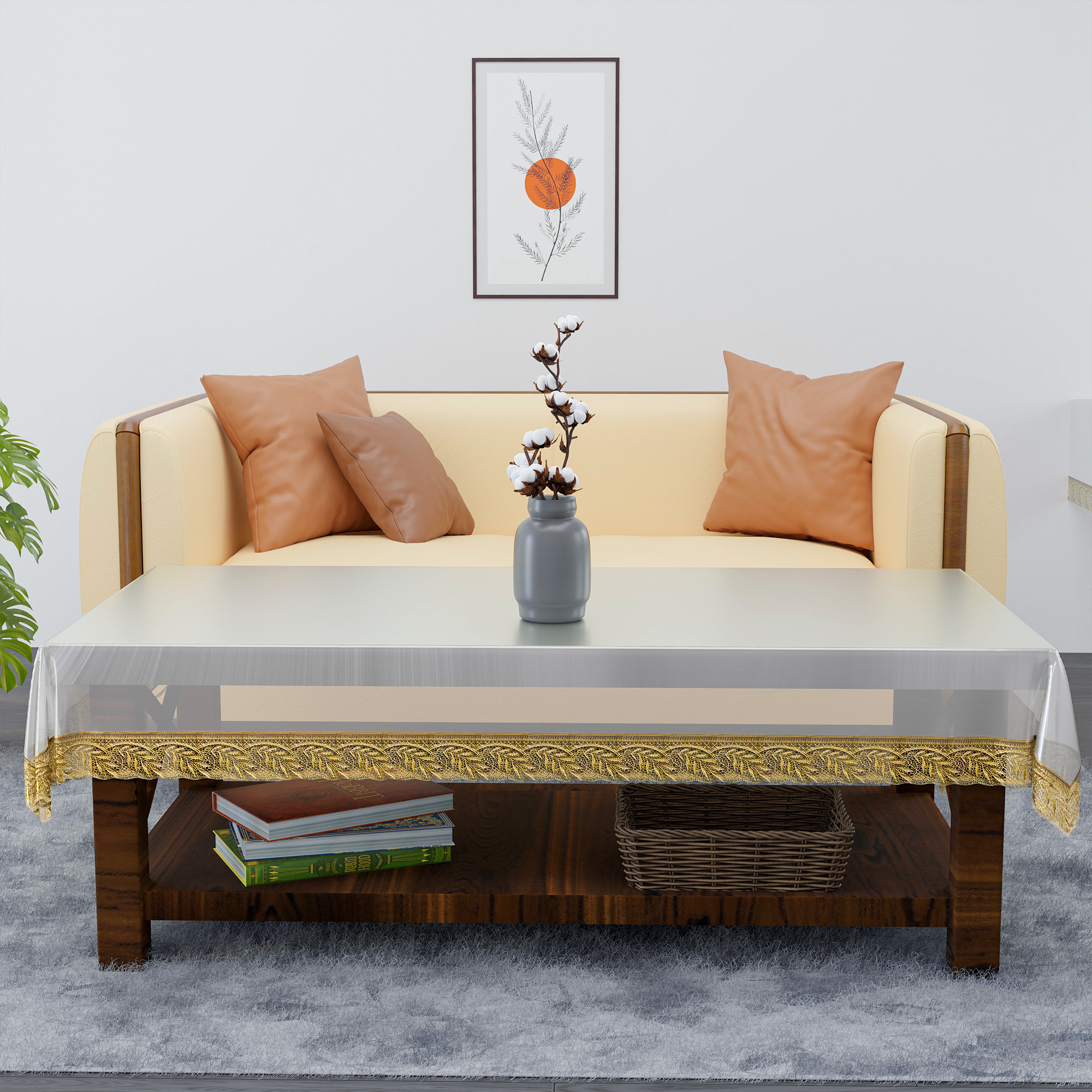 Kuber Industries 40x60 Inch PVC 4 Seater Centre Table Cover  Waterproof  Spill-Resistant Table Cover Cloth  Table Protector for Home Living Room  Office  Golden Lace Champagne - Transparent