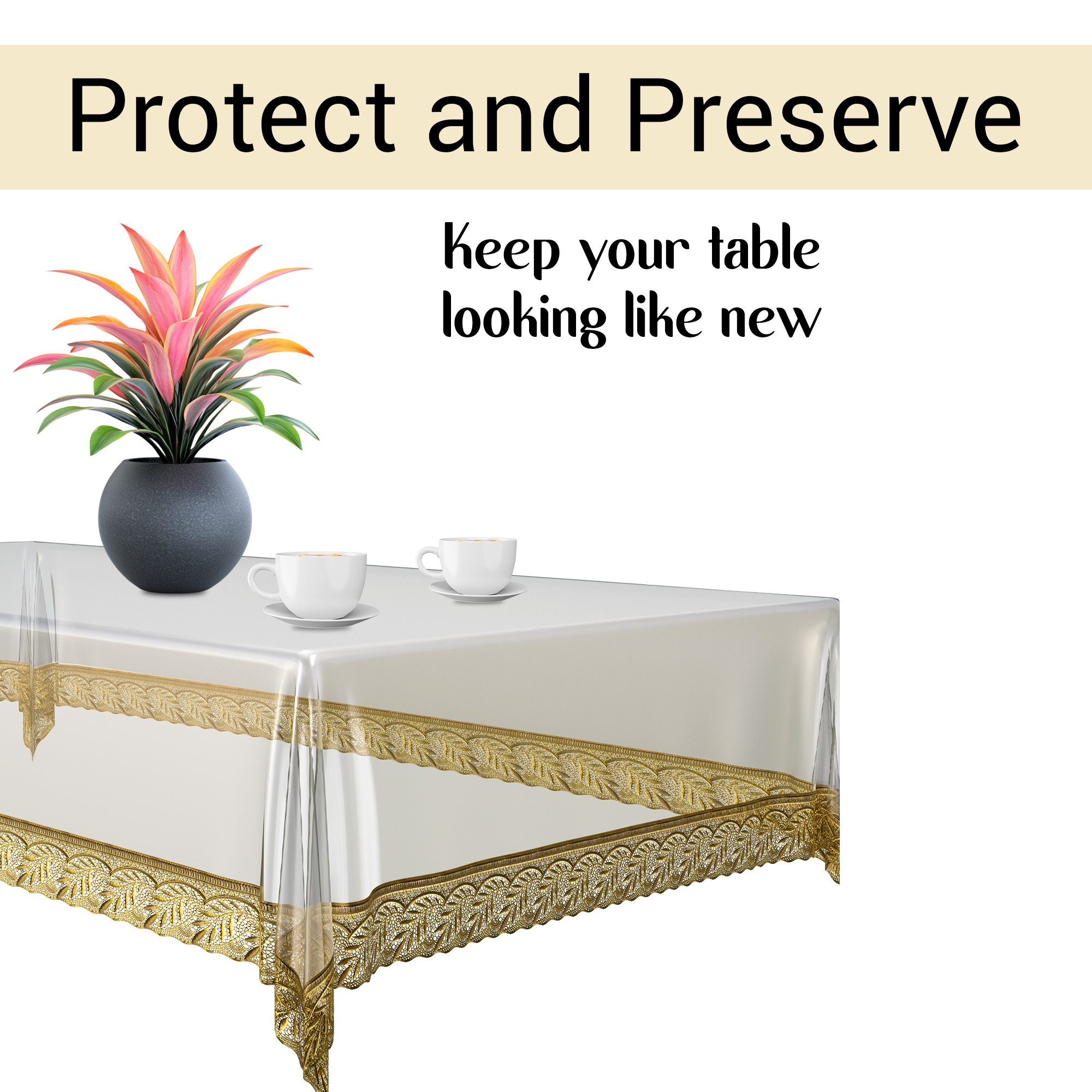 Kuber Industries 40x60 Inch PVC 4 Seater Centre Table Cover  Waterproof  Spill-Resistant Table Cover Cloth  Table Protector for Home Living Room  Office  Golden Lace Champagne - Transparent