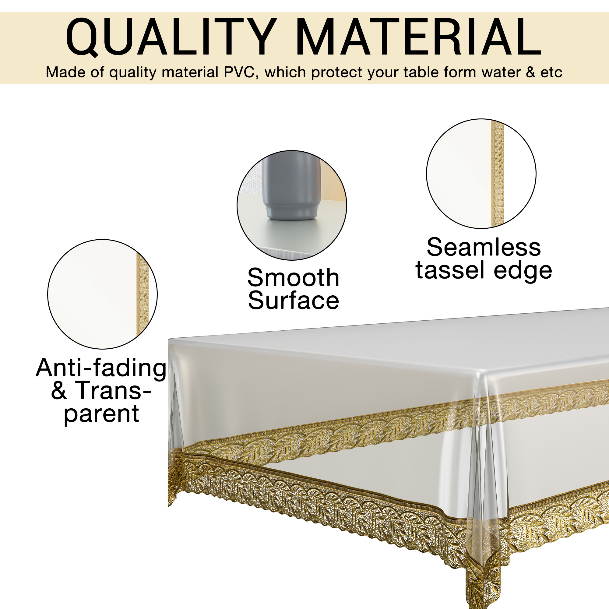 Kuber Industries 40x60 Inch PVC 4 Seater Centre Table Cover  Waterproof  Spill-Resistant Table Cover Cloth  Table Protector for Home Living Room  Office  Golden Lace Champagne - Transparent