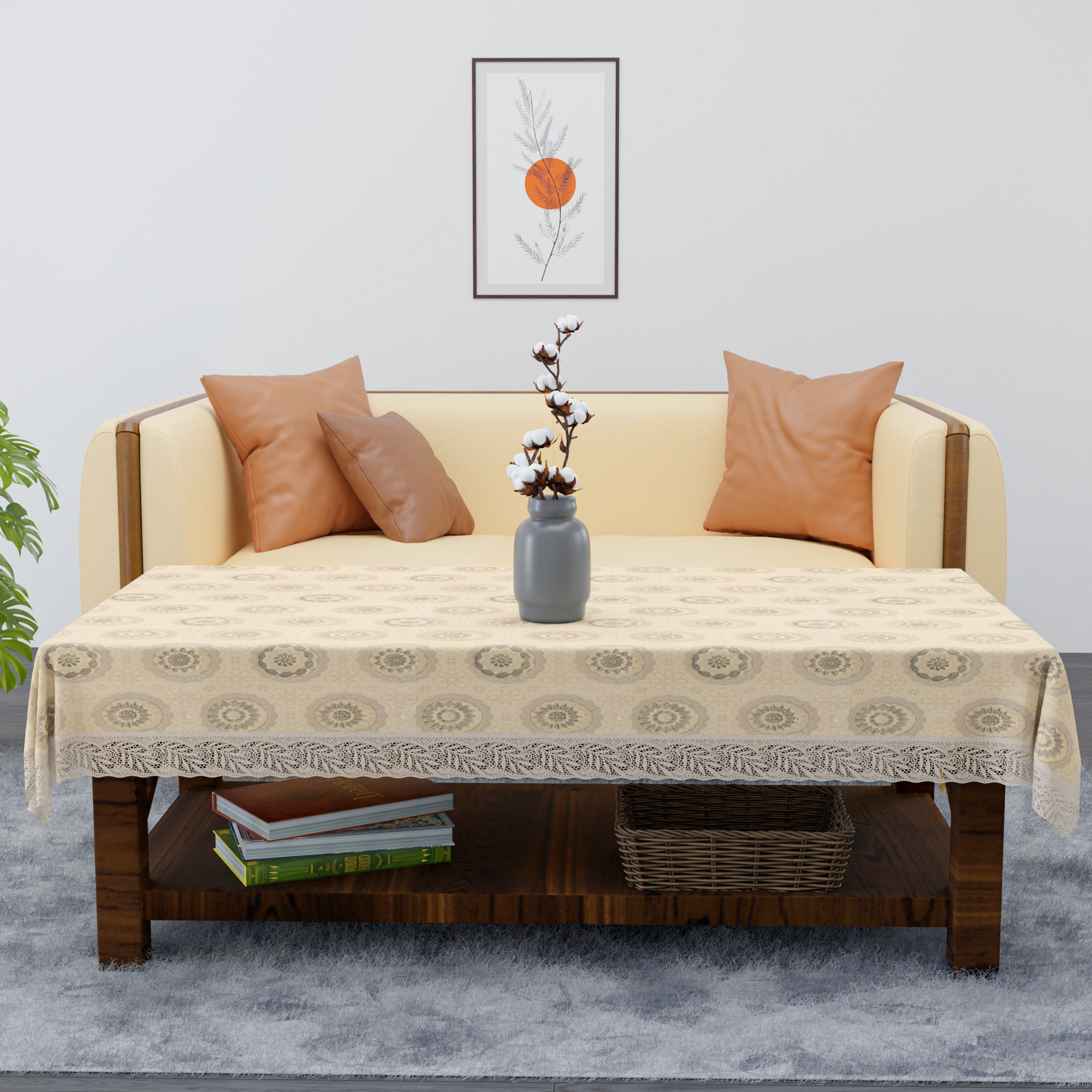 Kuber Industries 40x60 Inch PVC 4 Seater Centre Table Cover  Waterproof  Spill-Resistant Table Cover Cloth  Table Protector for Home Living Room  Office  Rangoli Cedar CBF - Cream  Grey