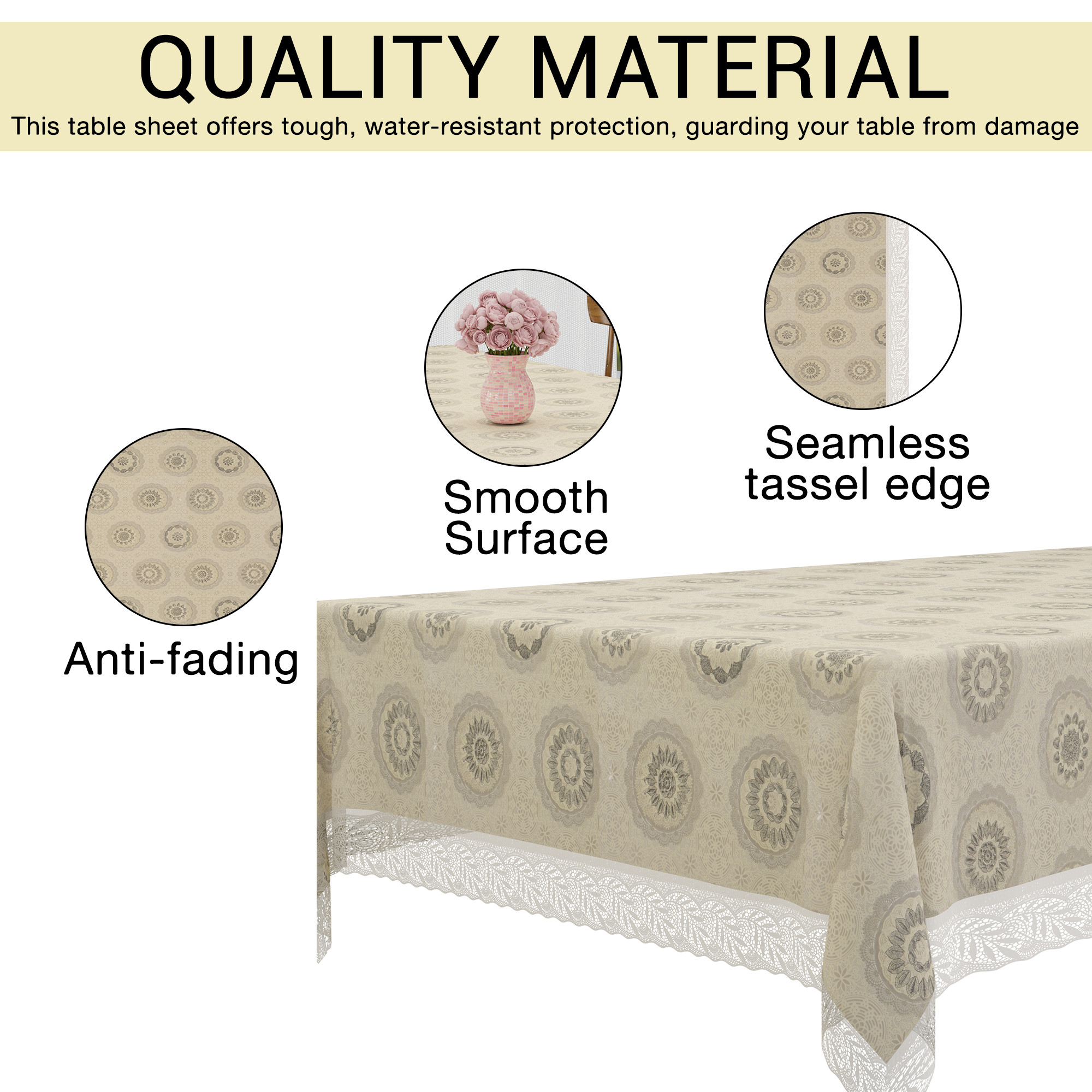 Kuber Industries 40x60 Inch PVC 4 Seater Centre Table Cover  Waterproof  Spill-Resistant Table Cover Cloth  Table Protector for Home Living Room  Office  Rangoli Cedar CBF - Cream  Grey