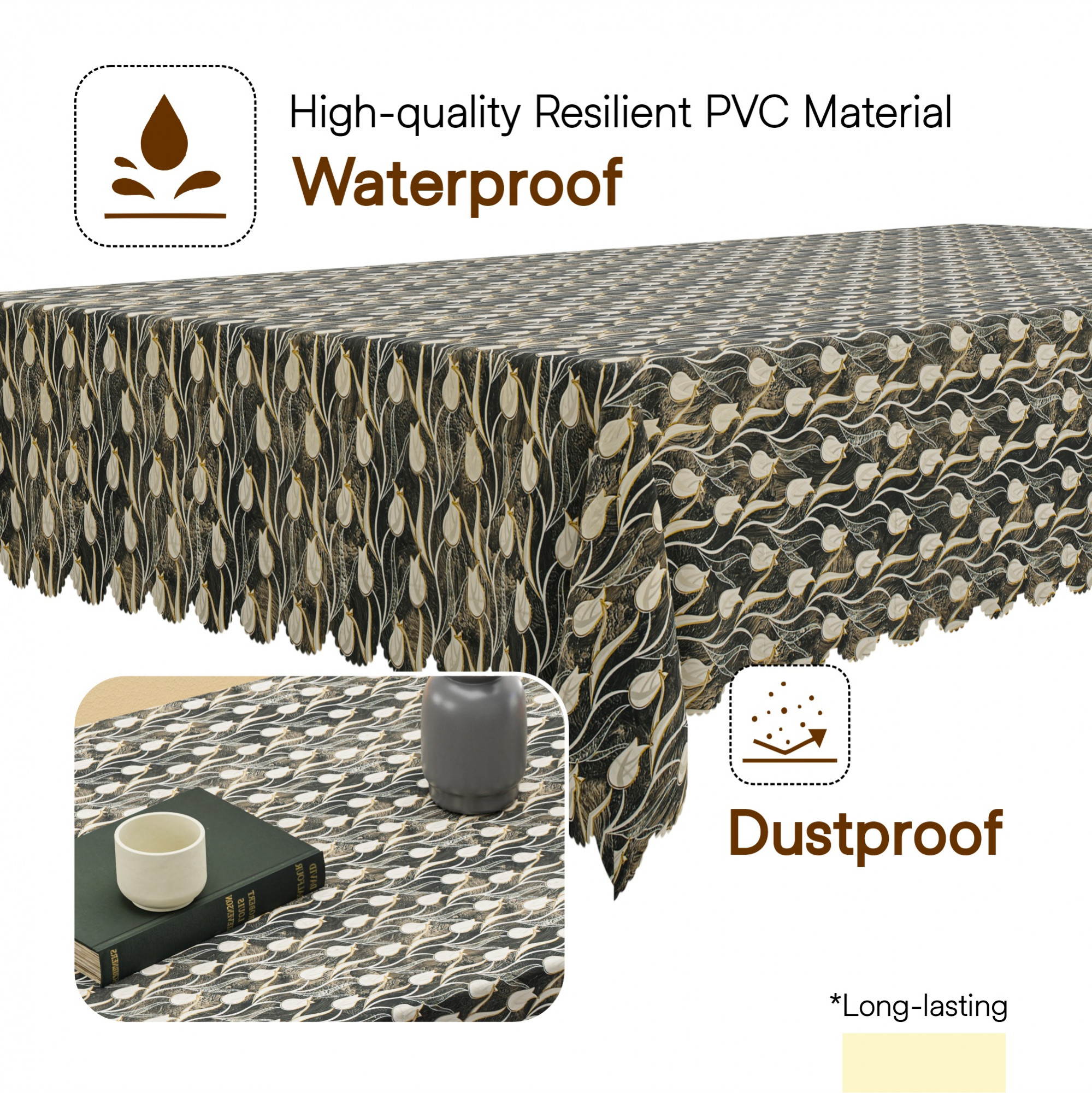 Kuber Industries 40x60 Inch PVC Center Table Cover 4 Seater for Living Room and Home Decor  Waterproof and Anti-Slip Teapoy Cover  Table Protector Sheet  Tulip Luxury - Brown