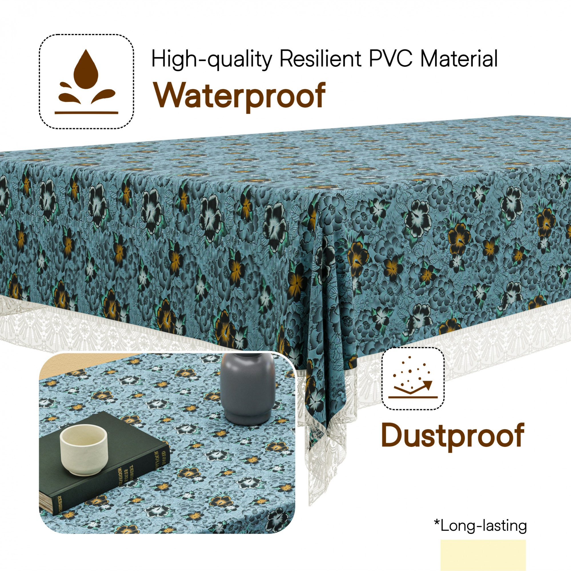 Kuber Industries 40x60 Inch PVC Center Table Cover 4 Seater for Living Room and Home Decor  Waterproof and Anti-Slip Teapoy Cover  Table Protector Sheet  Flower - Grey  Black